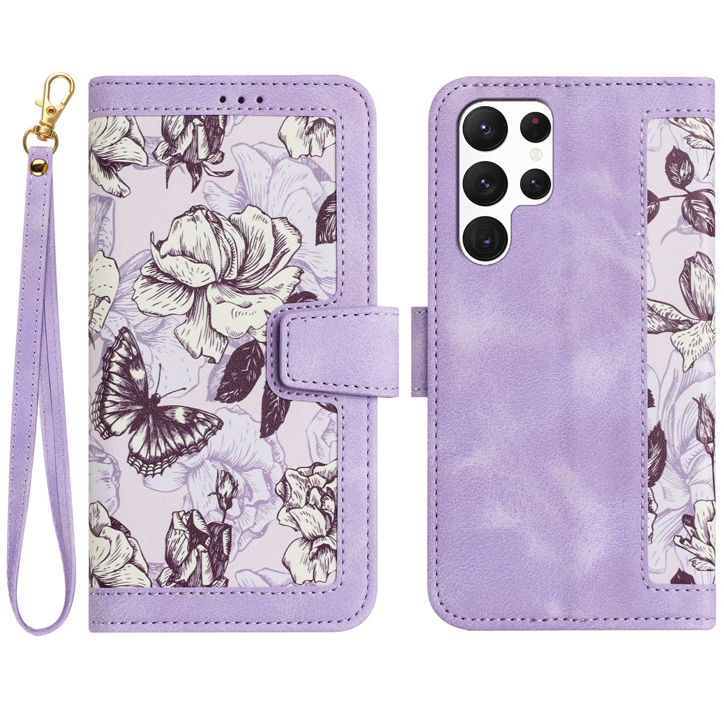 For Samsung Galaxy S24 Ultra Leather Case Flower Pattern Stand Phone Cover - Light Purple