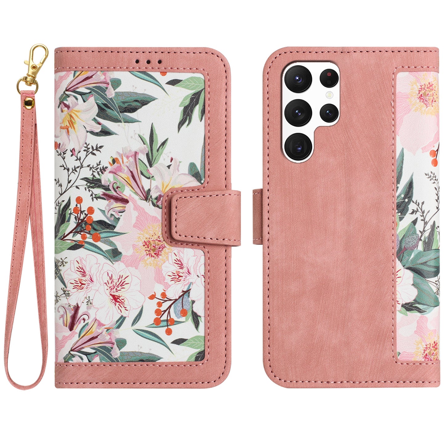 For Samsung Galaxy S24 Ultra Leather Case Flower Pattern Stand Phone Cover - Pink