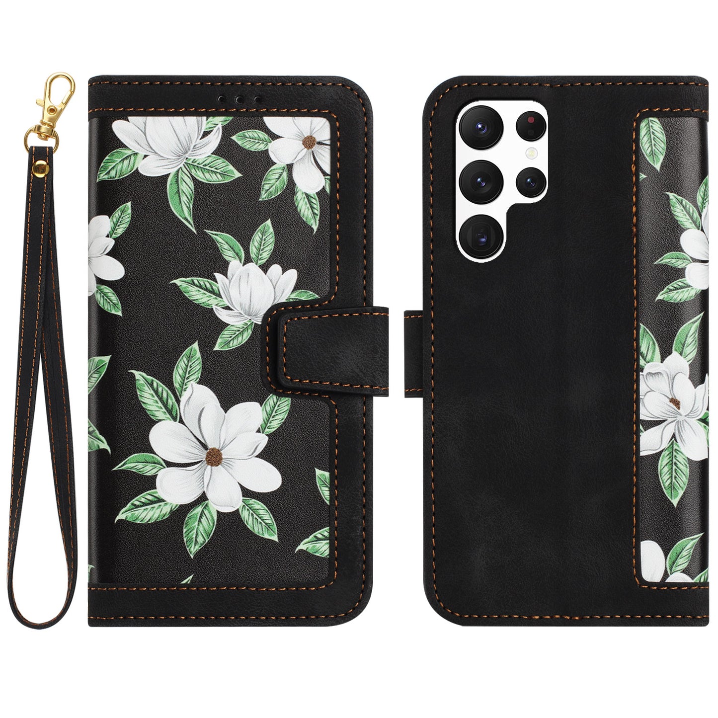 For Samsung Galaxy S24 Ultra Leather Case Flower Pattern Stand Phone Cover - Black