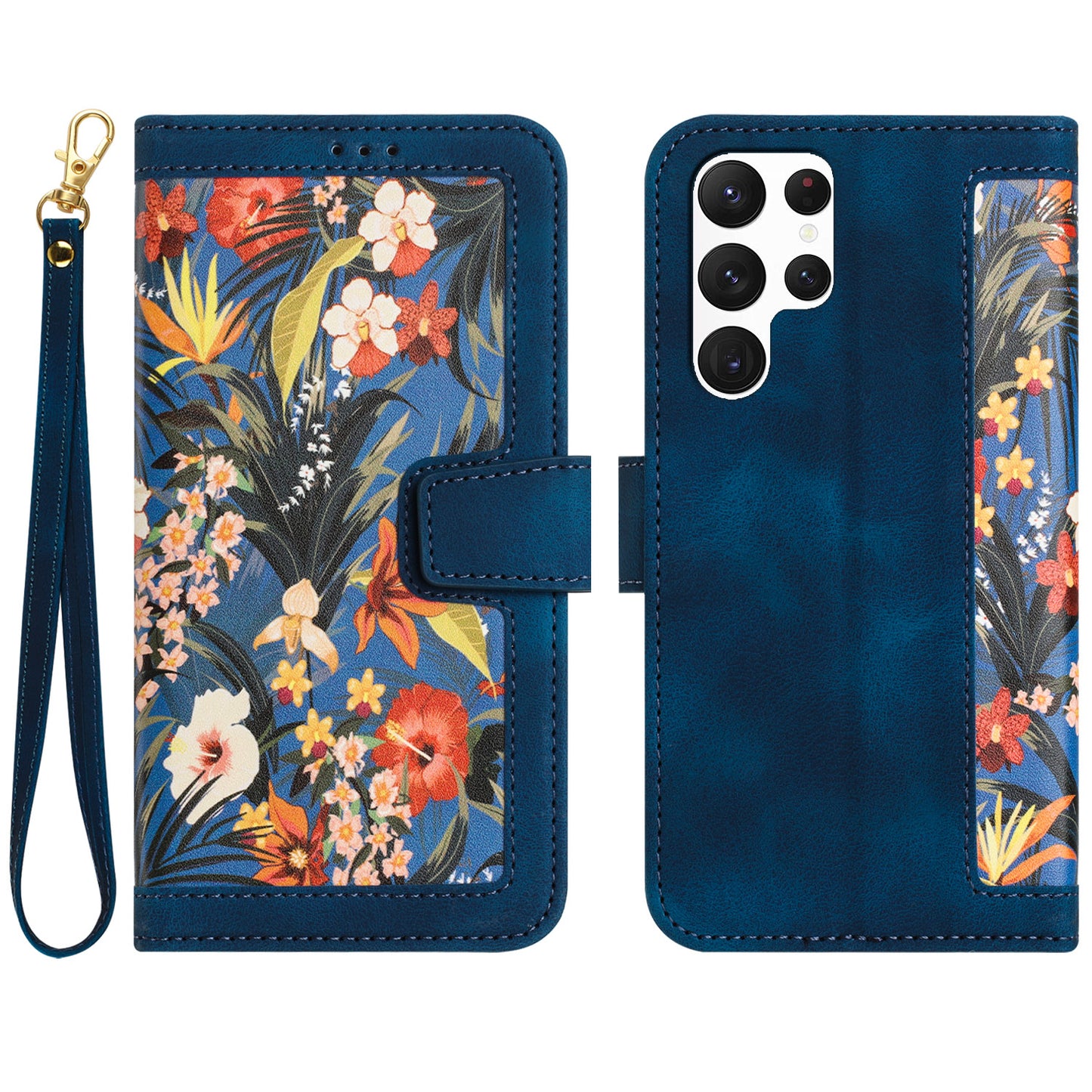 For Samsung Galaxy S24 Ultra Leather Case Flower Pattern Stand Phone Cover - Dark Blue