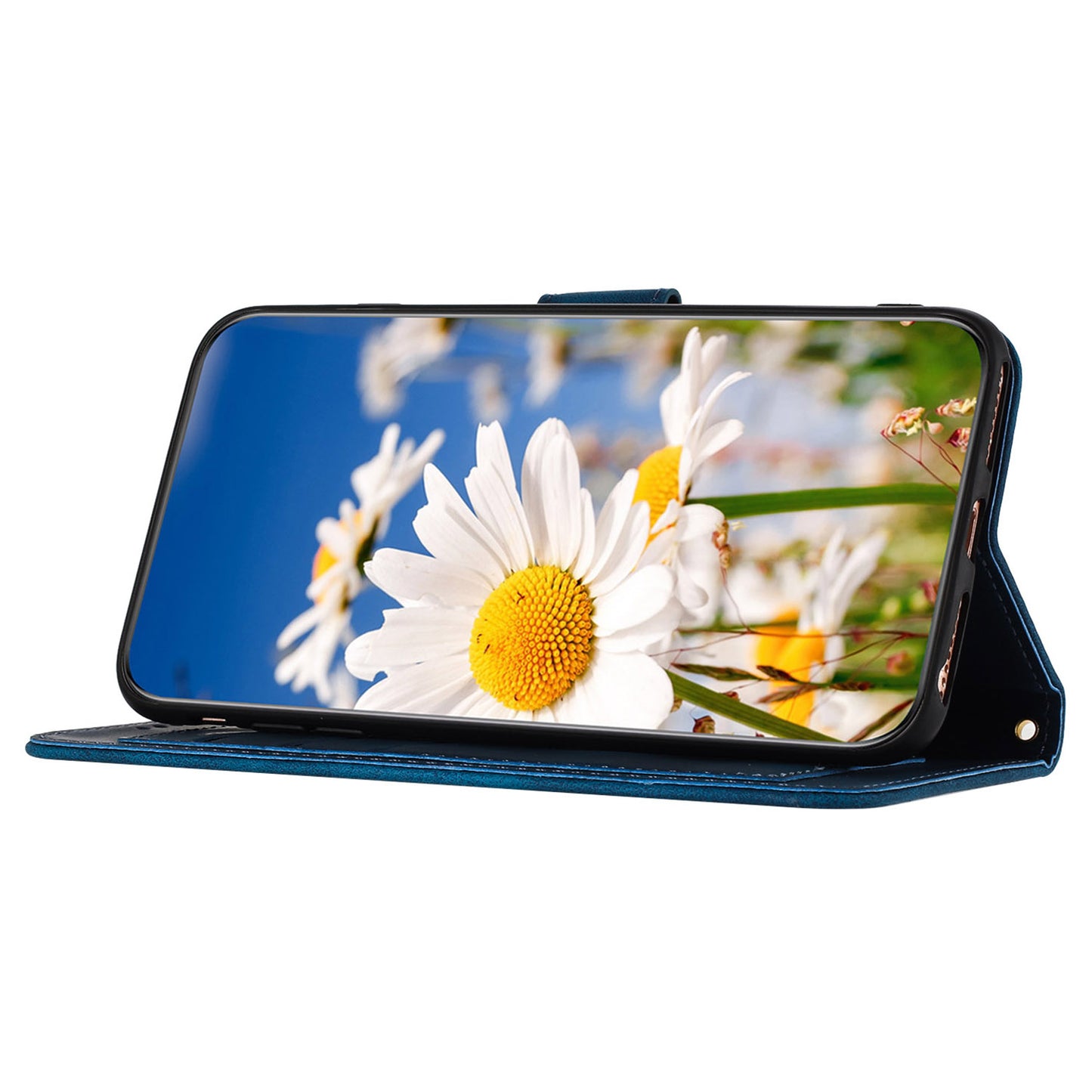 For Samsung Galaxy S24 Ultra Leather Case Flower Pattern Stand Phone Cover - Dark Blue