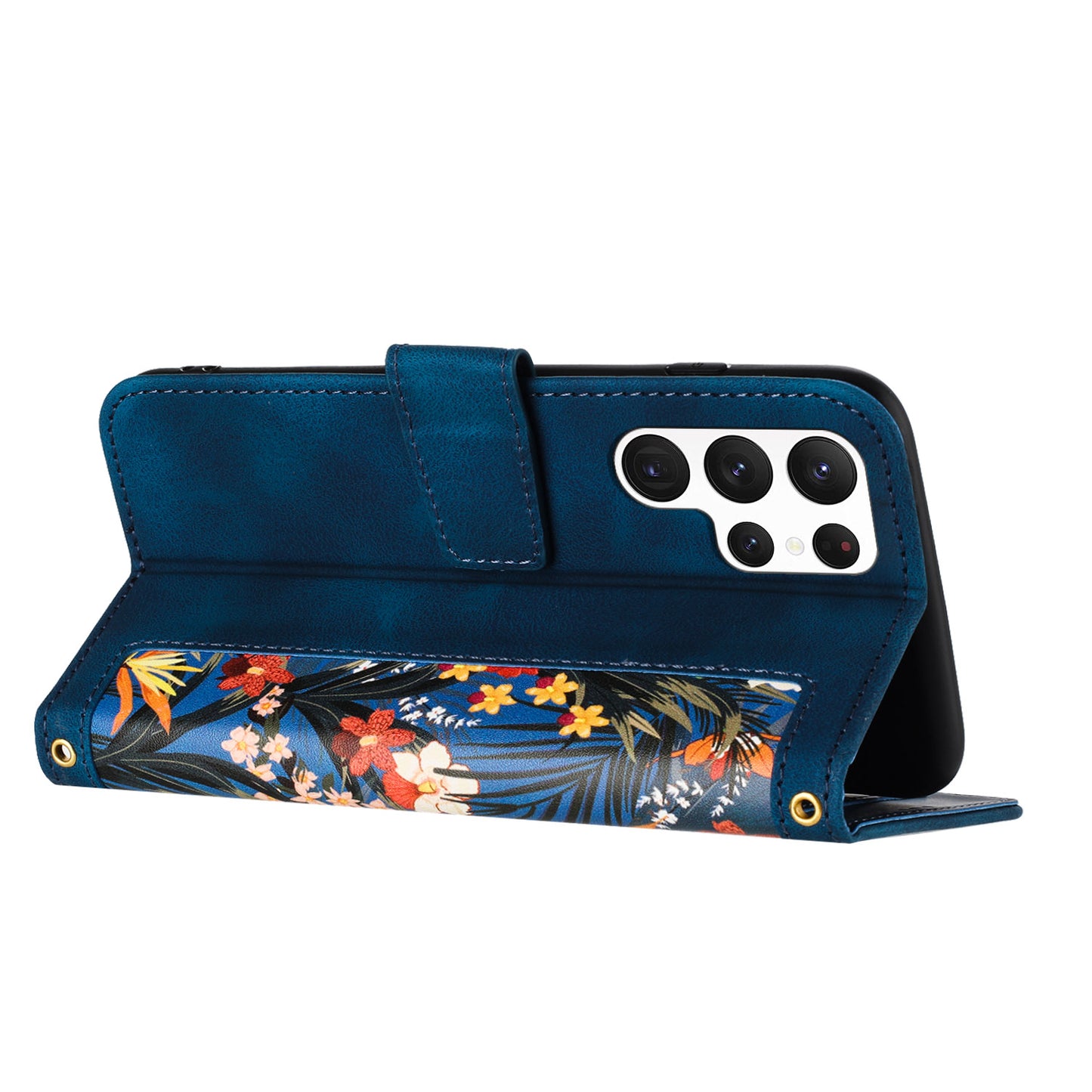 For Samsung Galaxy S24 Ultra Leather Case Flower Pattern Stand Phone Cover - Dark Blue