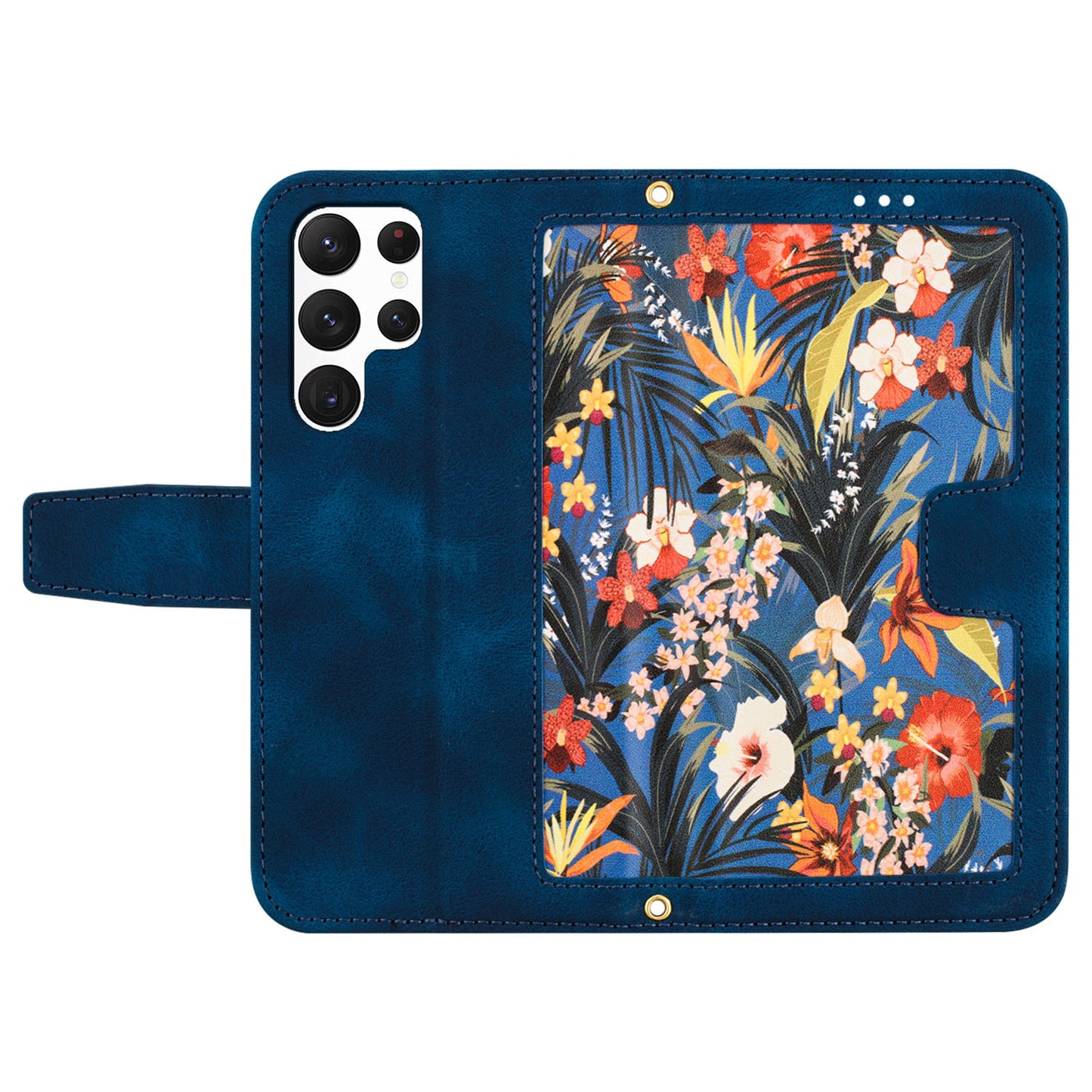 For Samsung Galaxy S24 Ultra Leather Case Flower Pattern Stand Phone Cover - Dark Blue