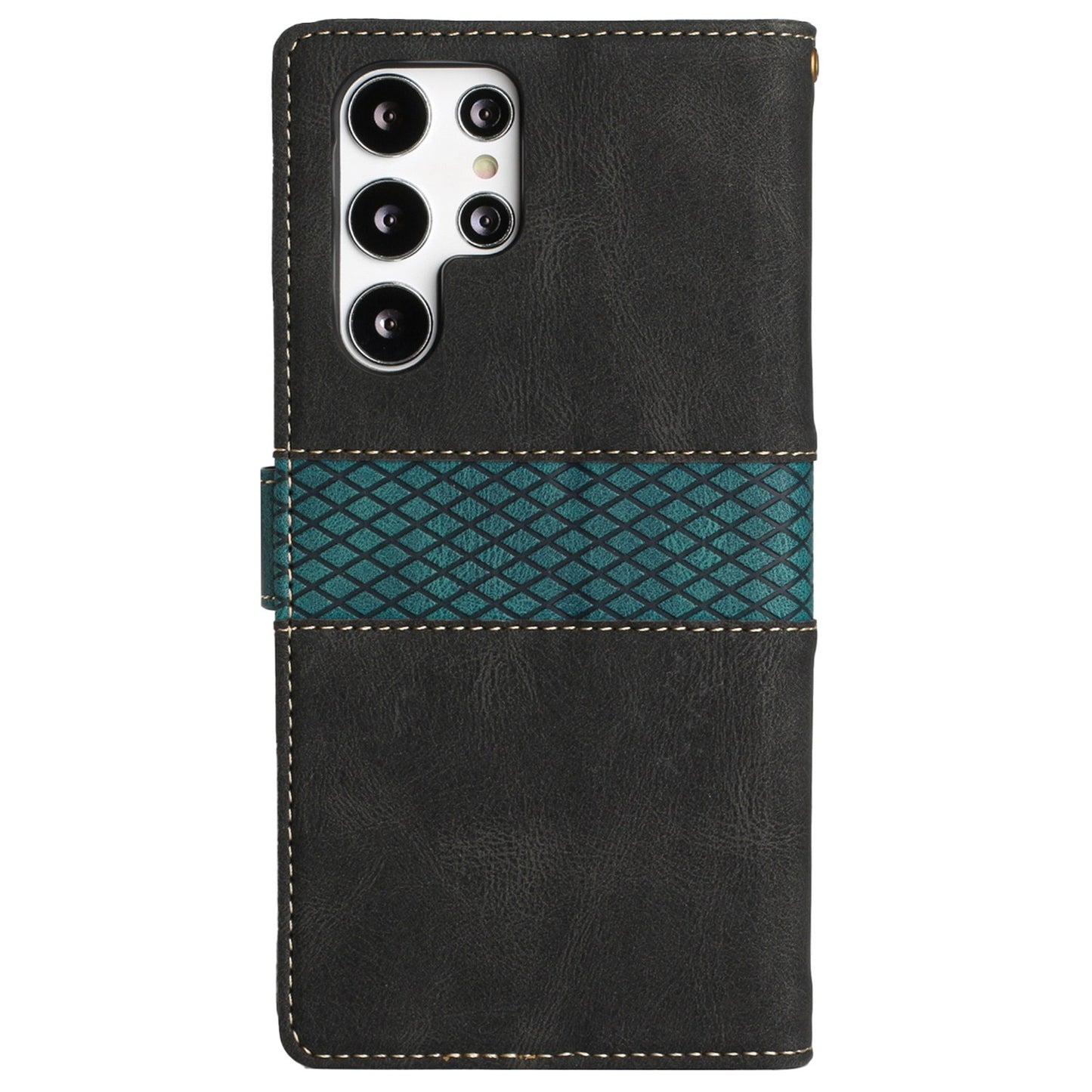 Phone Case for Samsung Galaxy S24 Ultra Grid Splicing Stand PU Leather Wallet Phone Cover with Strap - Black