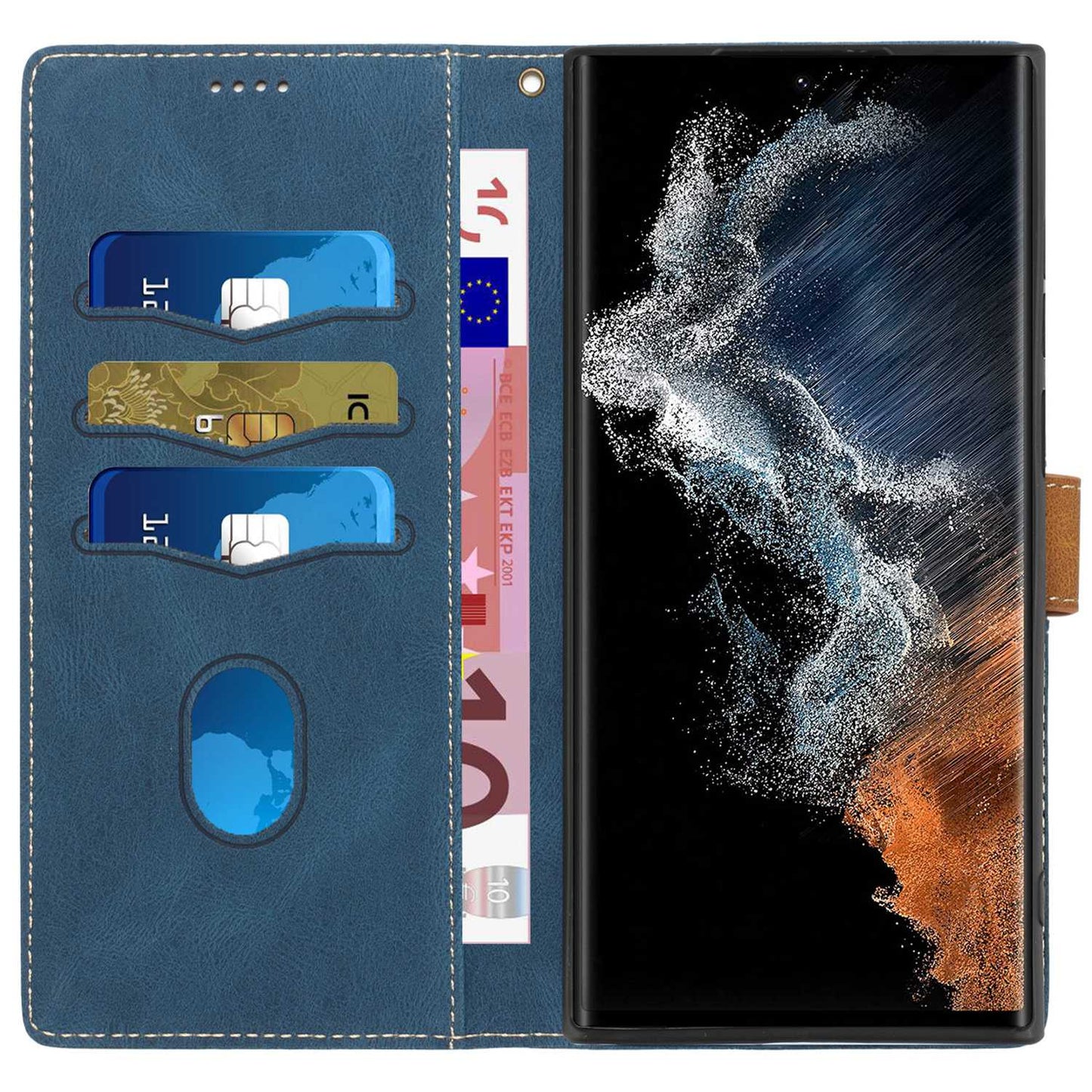 Phone Case for Samsung Galaxy S24 Ultra Grid Splicing Stand PU Leather Wallet Phone Cover with Strap - Blue