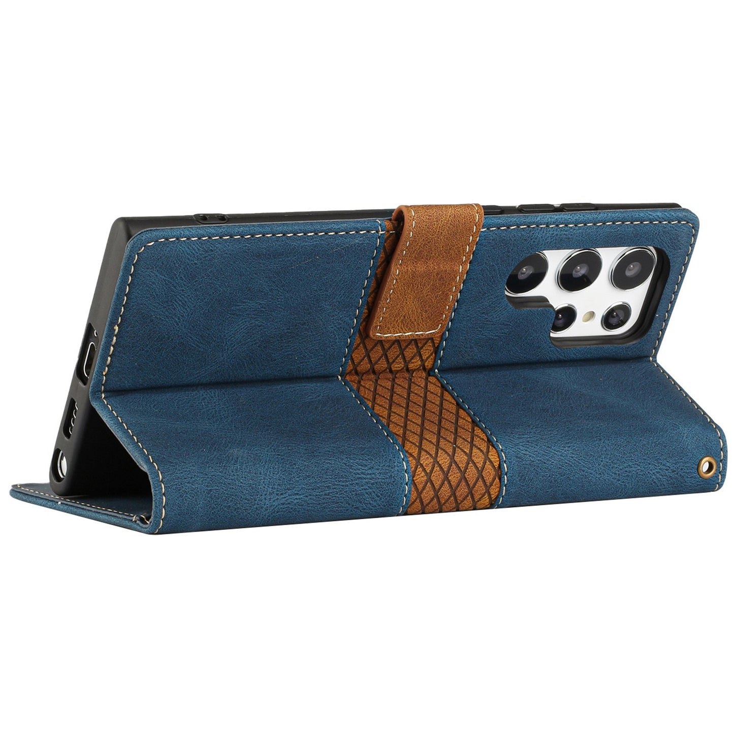 Phone Case for Samsung Galaxy S24 Ultra Grid Splicing Stand PU Leather Wallet Phone Cover with Strap - Blue
