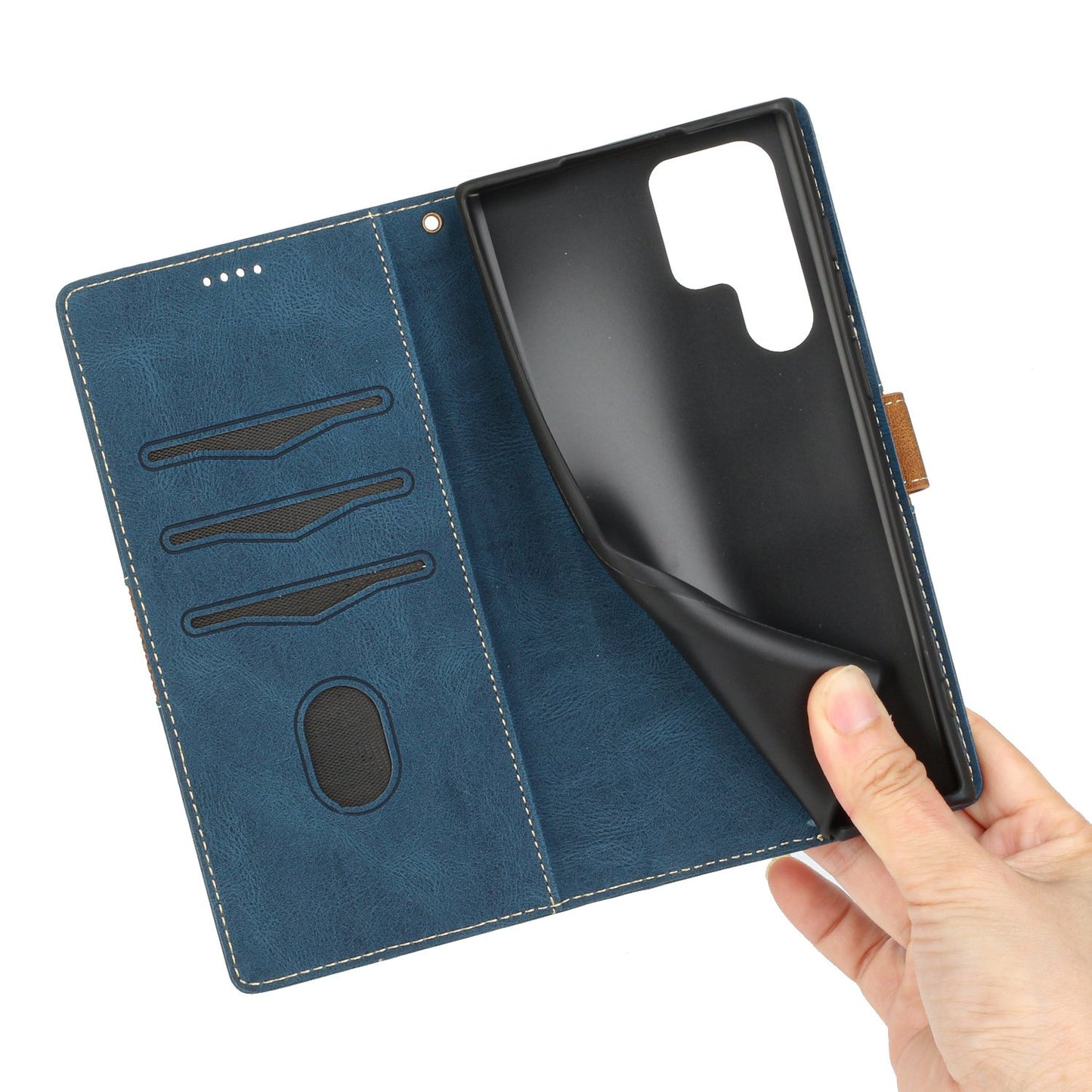 Phone Case for Samsung Galaxy S24 Ultra Grid Splicing Stand PU Leather Wallet Phone Cover with Strap - Blue