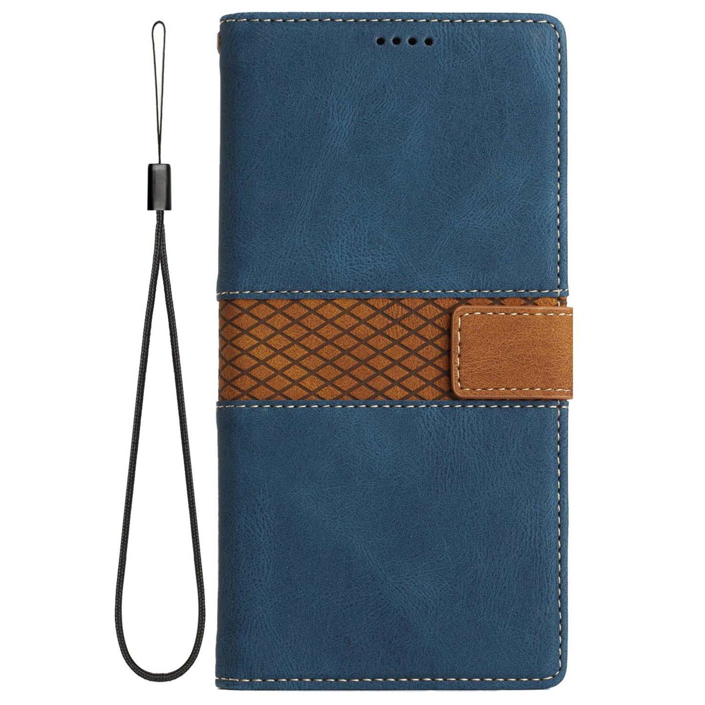 Phone Case for Samsung Galaxy S24 Ultra Grid Splicing Stand PU Leather Wallet Phone Cover with Strap - Blue