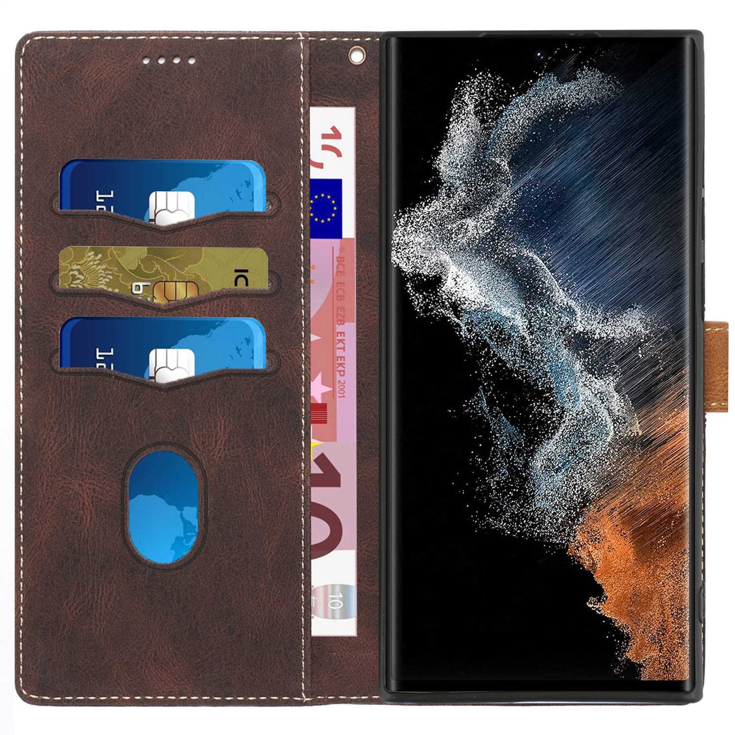Phone Case for Samsung Galaxy S24 Ultra Grid Splicing Stand PU Leather Wallet Phone Cover with Strap - Brown