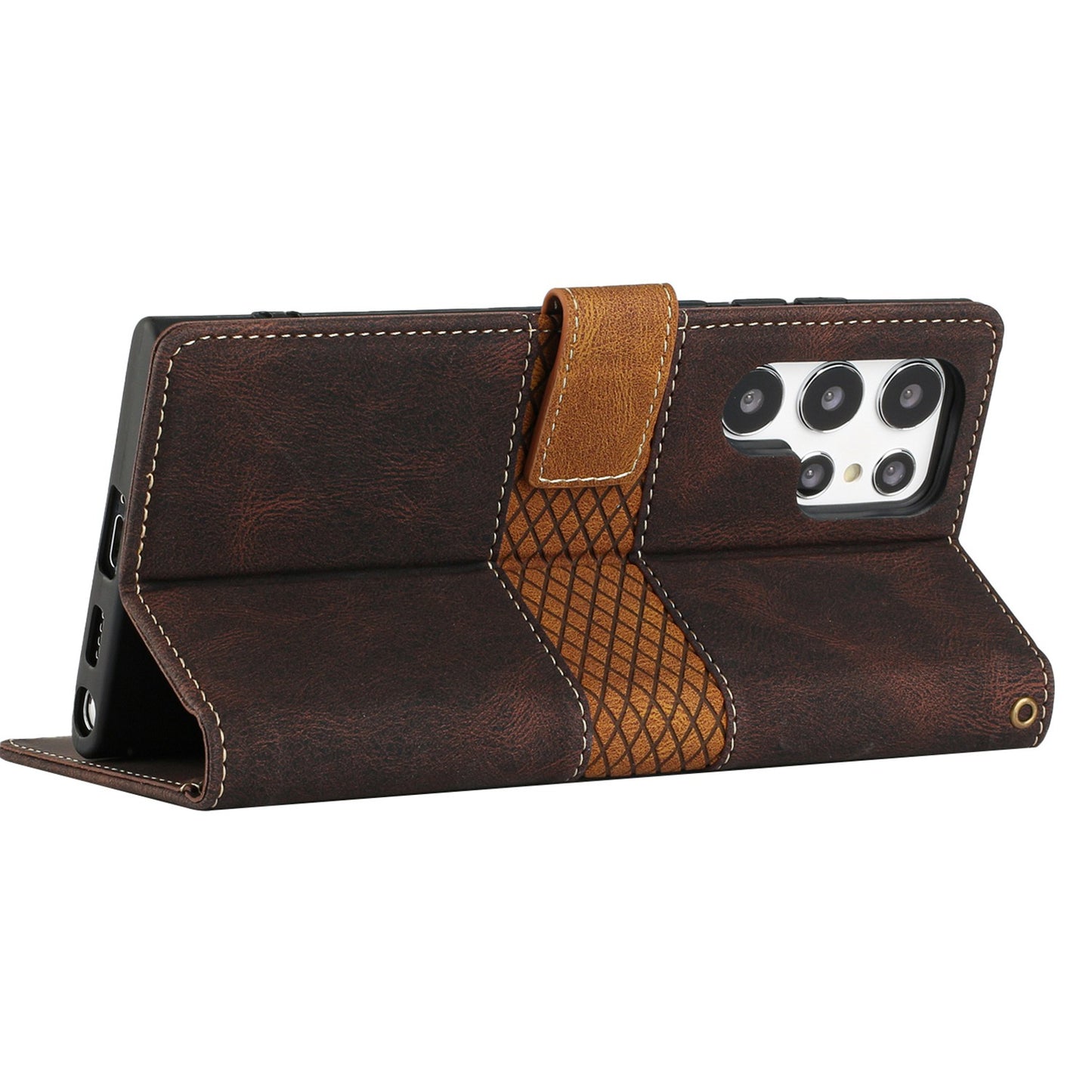 Phone Case for Samsung Galaxy S24 Ultra Grid Splicing Stand PU Leather Wallet Phone Cover with Strap - Brown