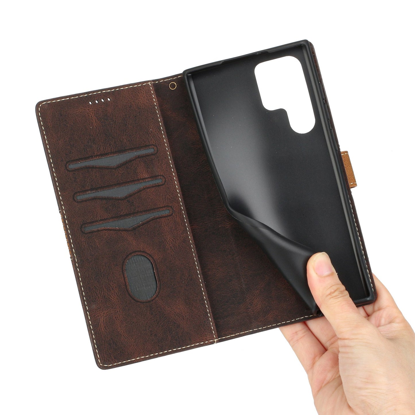 Phone Case for Samsung Galaxy S24 Ultra Grid Splicing Stand PU Leather Wallet Phone Cover with Strap - Brown