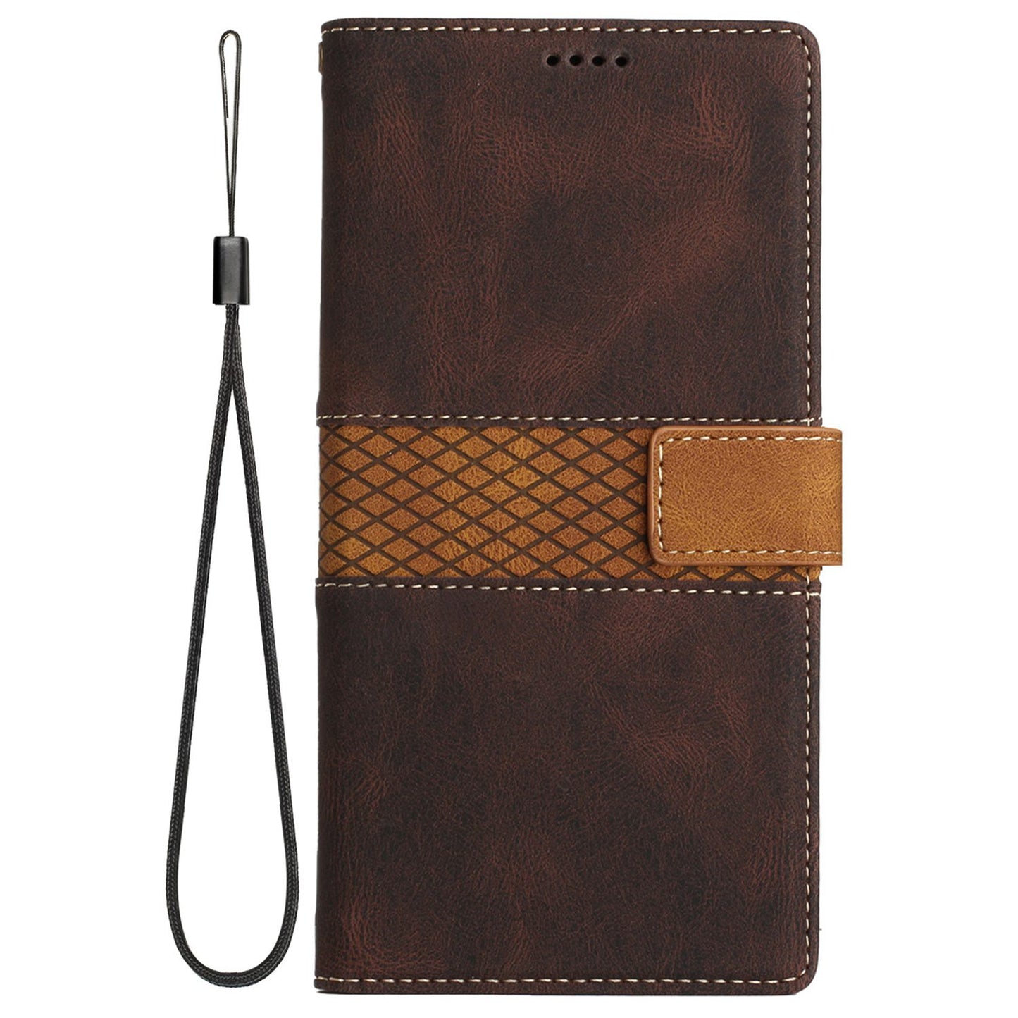 Phone Case for Samsung Galaxy S24 Ultra Grid Splicing Stand PU Leather Wallet Phone Cover with Strap - Brown
