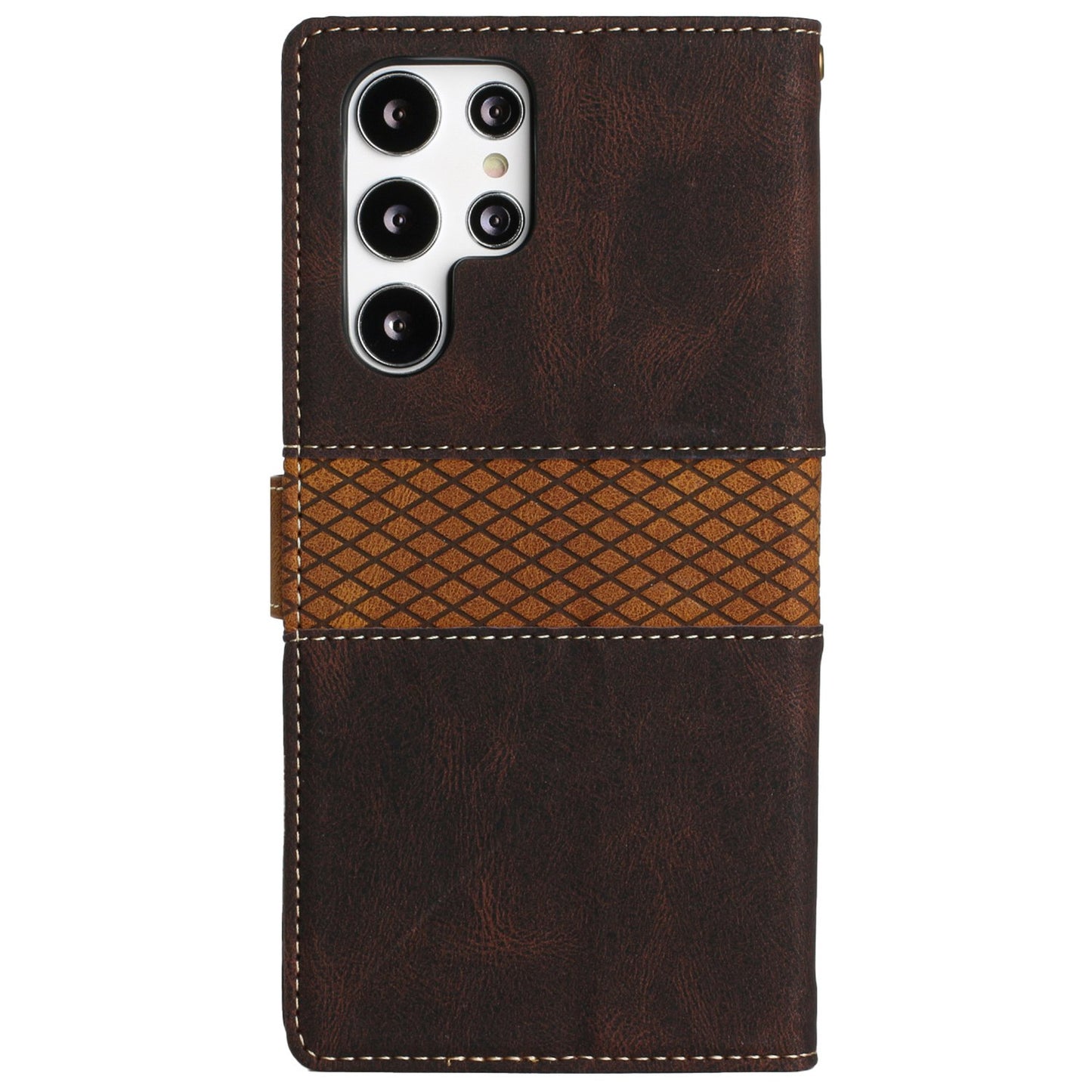 Phone Case for Samsung Galaxy S24 Ultra Grid Splicing Stand PU Leather Wallet Phone Cover with Strap - Brown