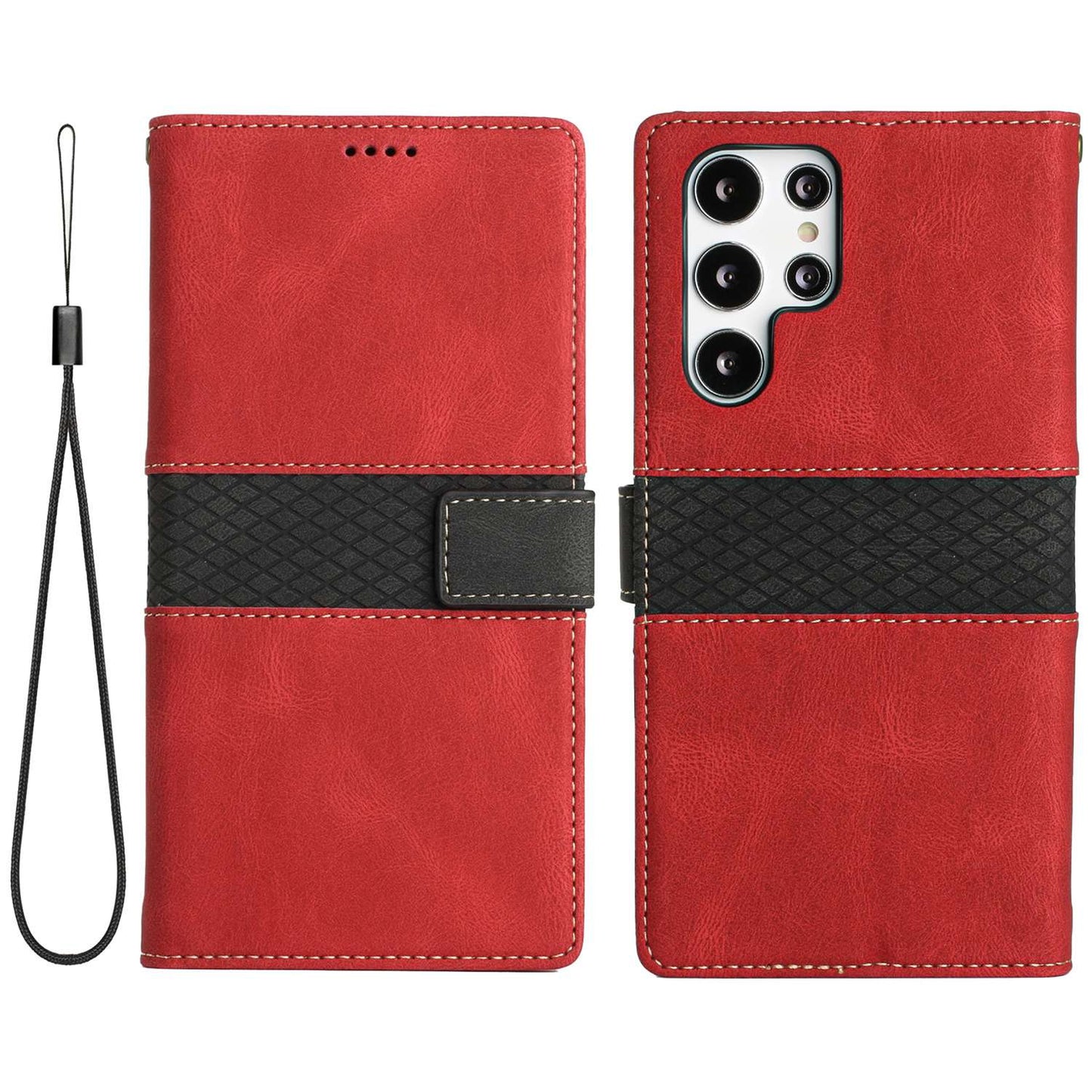 Phone Case for Samsung Galaxy S24 Ultra Grid Splicing Stand PU Leather Wallet Phone Cover with Strap - Red