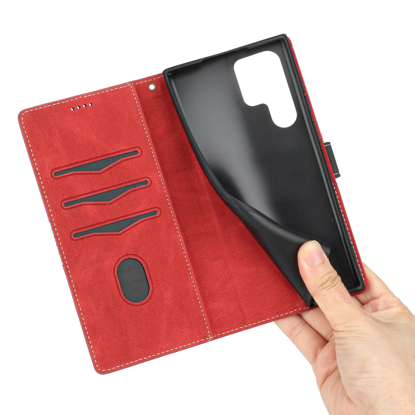 Phone Case for Samsung Galaxy S24 Ultra Grid Splicing Stand PU Leather Wallet Phone Cover with Strap - Red
