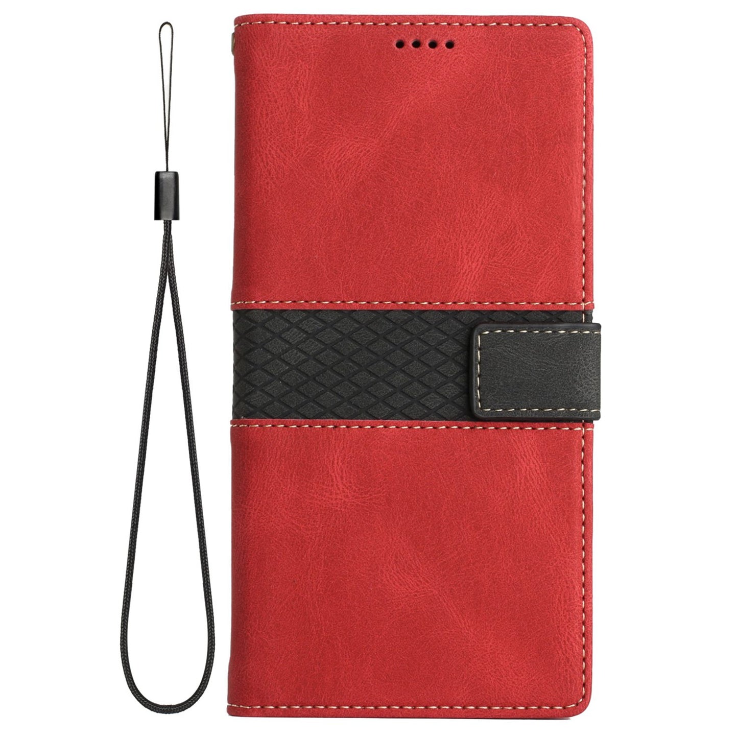 Phone Case for Samsung Galaxy S24 Ultra Grid Splicing Stand PU Leather Wallet Phone Cover with Strap - Red