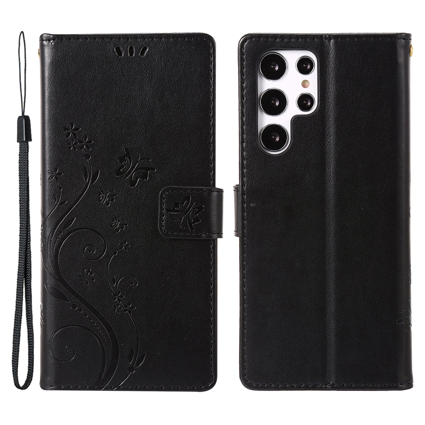 For Samsung Galaxy S24 Ultra Wallet Leather Cover Butterfly Imprinted Flip Stand Phone Case - Black