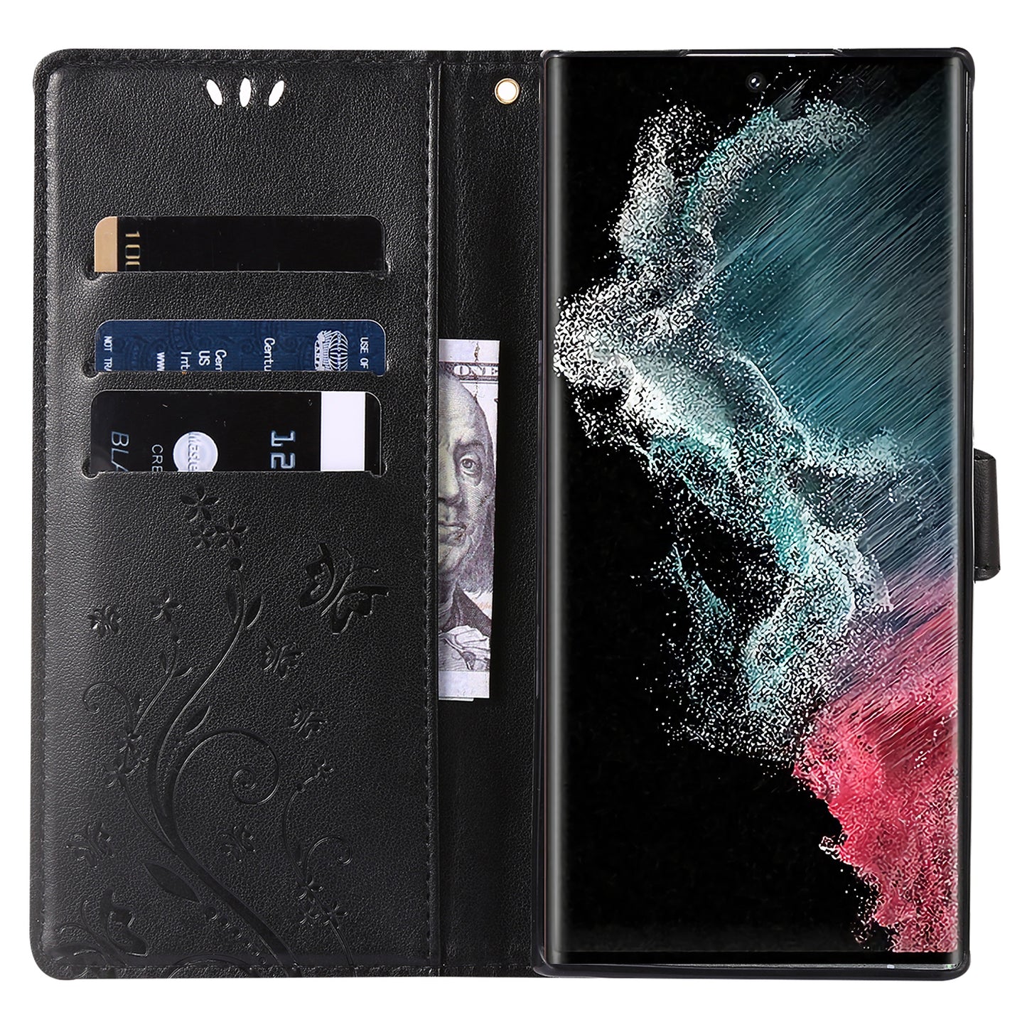 For Samsung Galaxy S24 Ultra Wallet Leather Cover Butterfly Imprinted Flip Stand Phone Case - Black