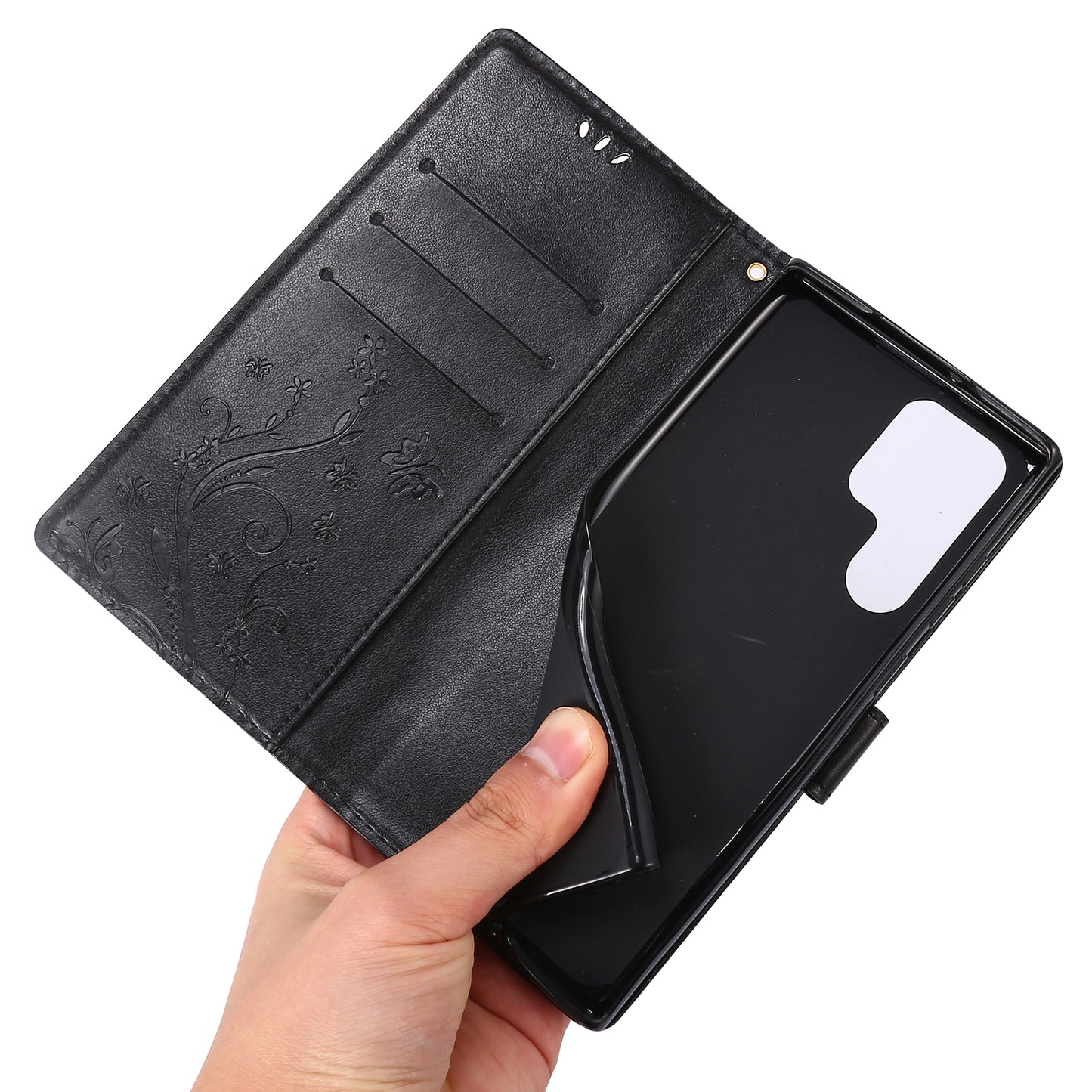 For Samsung Galaxy S24 Ultra Wallet Leather Cover Butterfly Imprinted Flip Stand Phone Case - Black