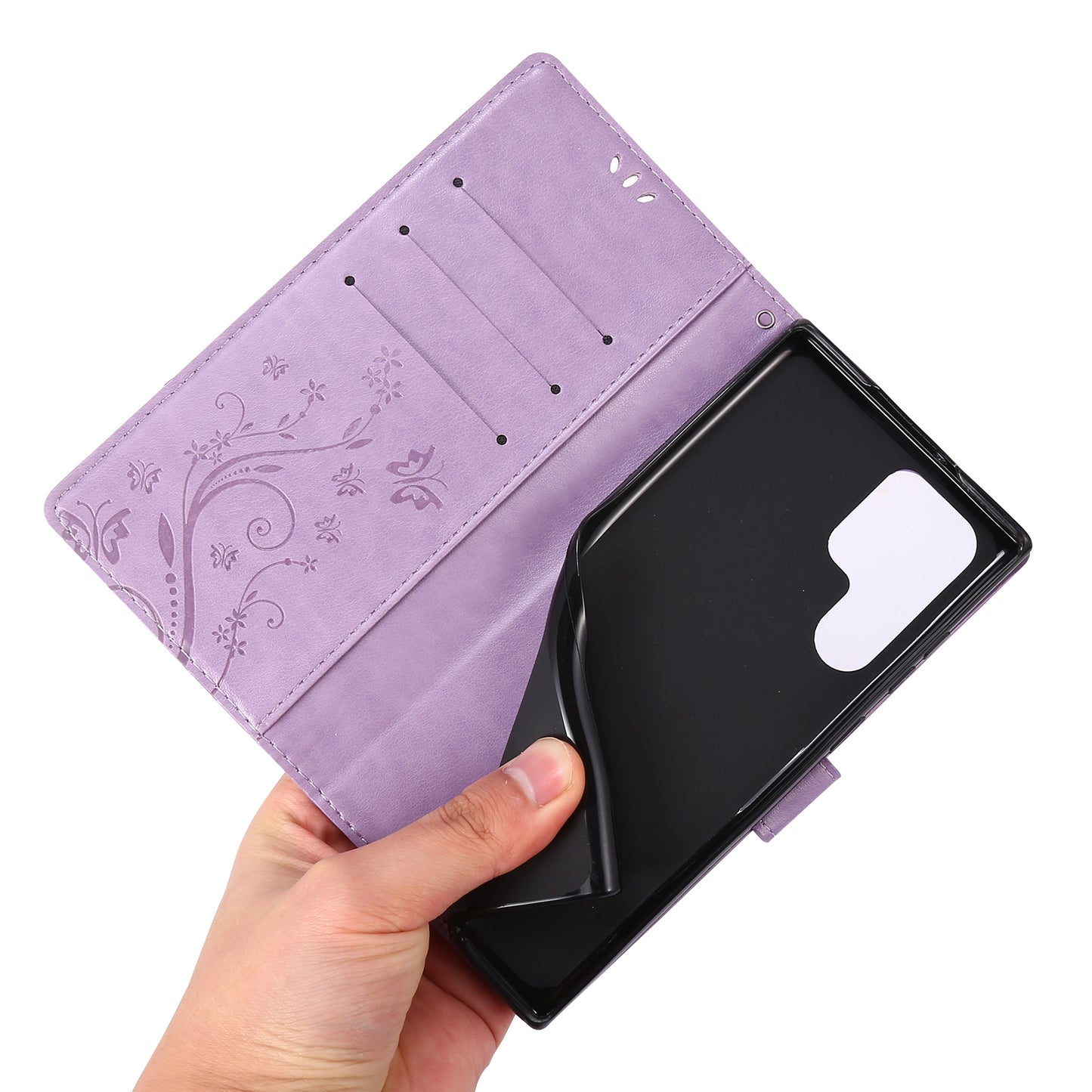 For Samsung Galaxy S24 Ultra Wallet Leather Cover Butterfly Imprinted Flip Stand Phone Case - Light Purple