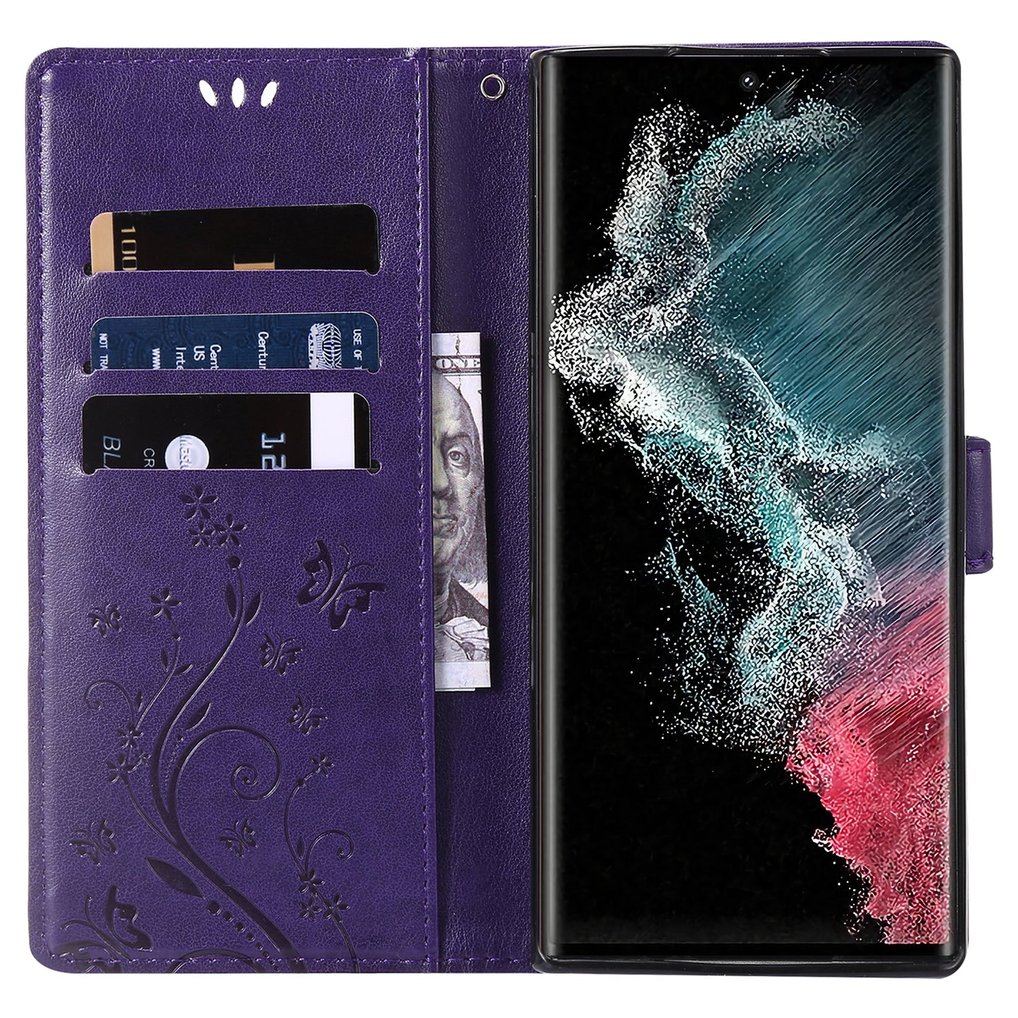 For Samsung Galaxy S24 Ultra Wallet Leather Cover Butterfly Imprinted Flip Stand Phone Case - Dark Purple