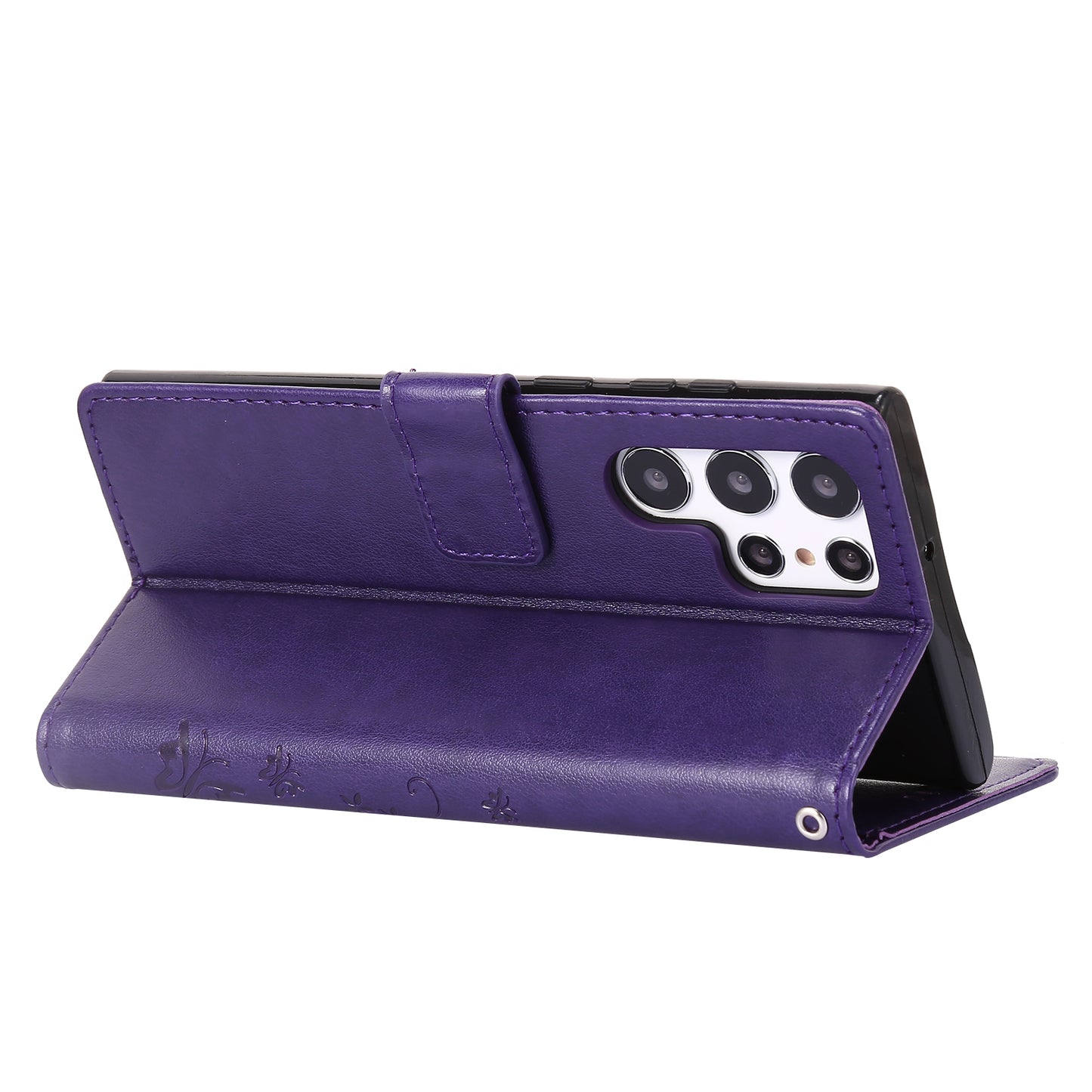 For Samsung Galaxy S24 Ultra Wallet Leather Cover Butterfly Imprinted Flip Stand Phone Case - Dark Purple