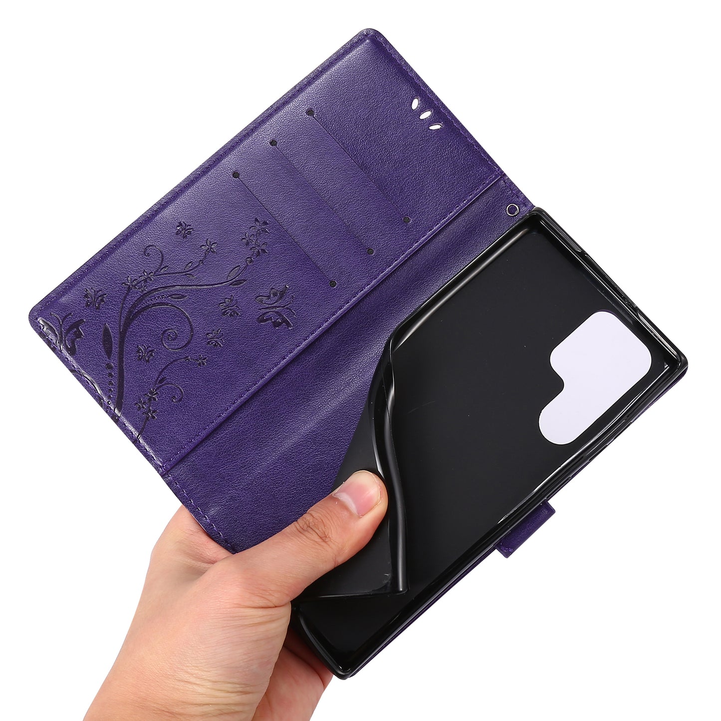 For Samsung Galaxy S24 Ultra Wallet Leather Cover Butterfly Imprinted Flip Stand Phone Case - Dark Purple