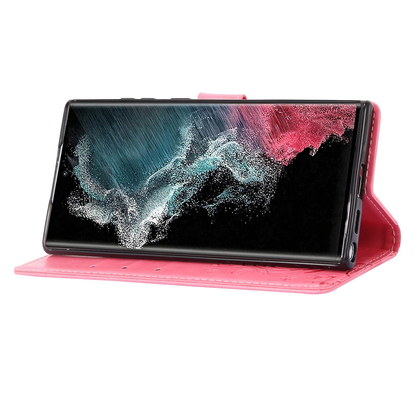 For Samsung Galaxy S24 Ultra Wallet Leather Cover Butterfly Imprinted Flip Stand Phone Case - Pink