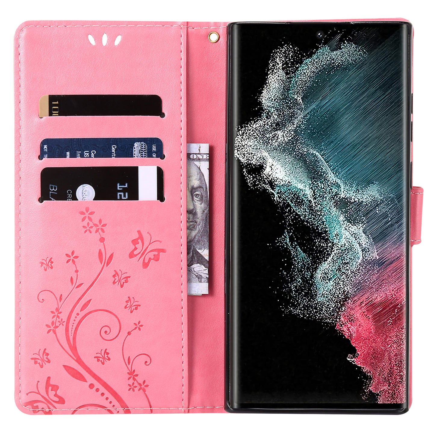 For Samsung Galaxy S24 Ultra Wallet Leather Cover Butterfly Imprinted Flip Stand Phone Case - Pink