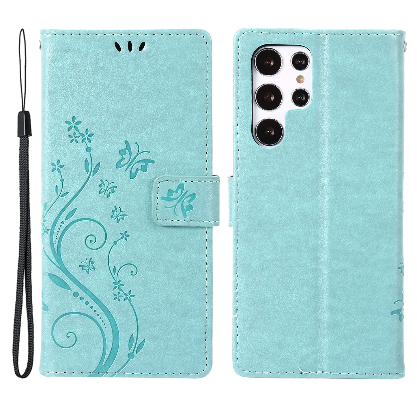 For Samsung Galaxy S24 Ultra Wallet Leather Cover Butterfly Imprinted Flip Stand Phone Case - Baby Blue