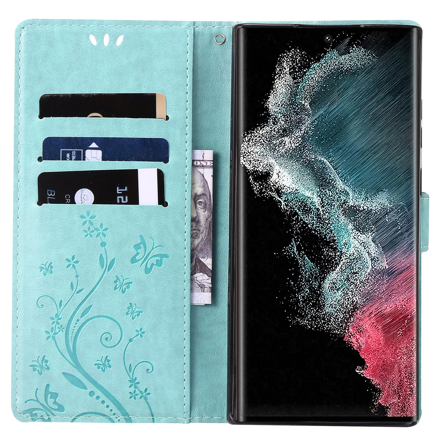 For Samsung Galaxy S24 Ultra Wallet Leather Cover Butterfly Imprinted Flip Stand Phone Case - Baby Blue
