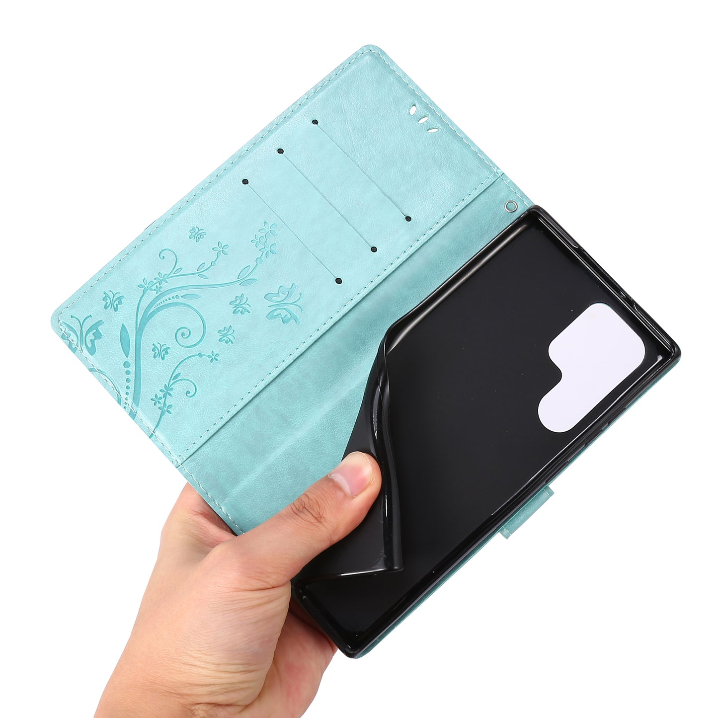 For Samsung Galaxy S24 Ultra Wallet Leather Cover Butterfly Imprinted Flip Stand Phone Case - Baby Blue