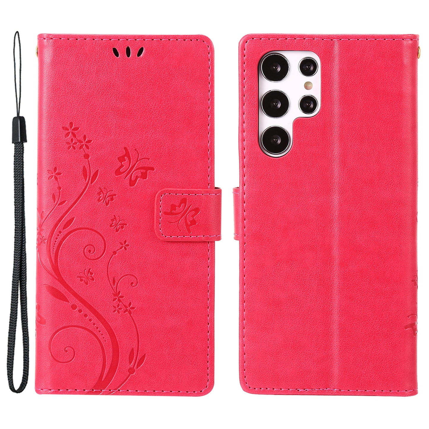 For Samsung Galaxy S24 Ultra Wallet Leather Cover Butterfly Imprinted Flip Stand Phone Case - Red