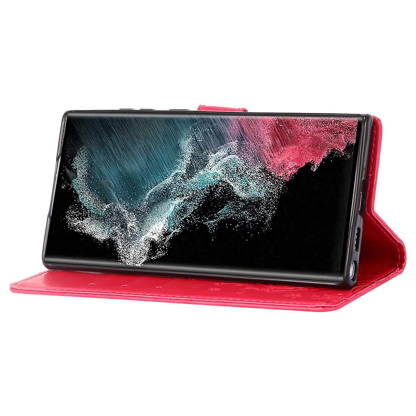 For Samsung Galaxy S24 Ultra Wallet Leather Cover Butterfly Imprinted Flip Stand Phone Case - Red