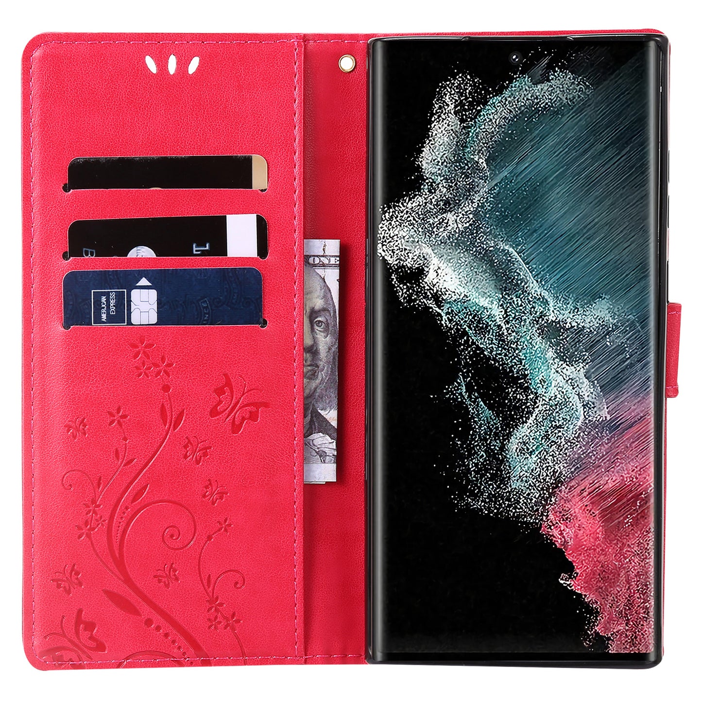 For Samsung Galaxy S24 Ultra Wallet Leather Cover Butterfly Imprinted Flip Stand Phone Case - Red