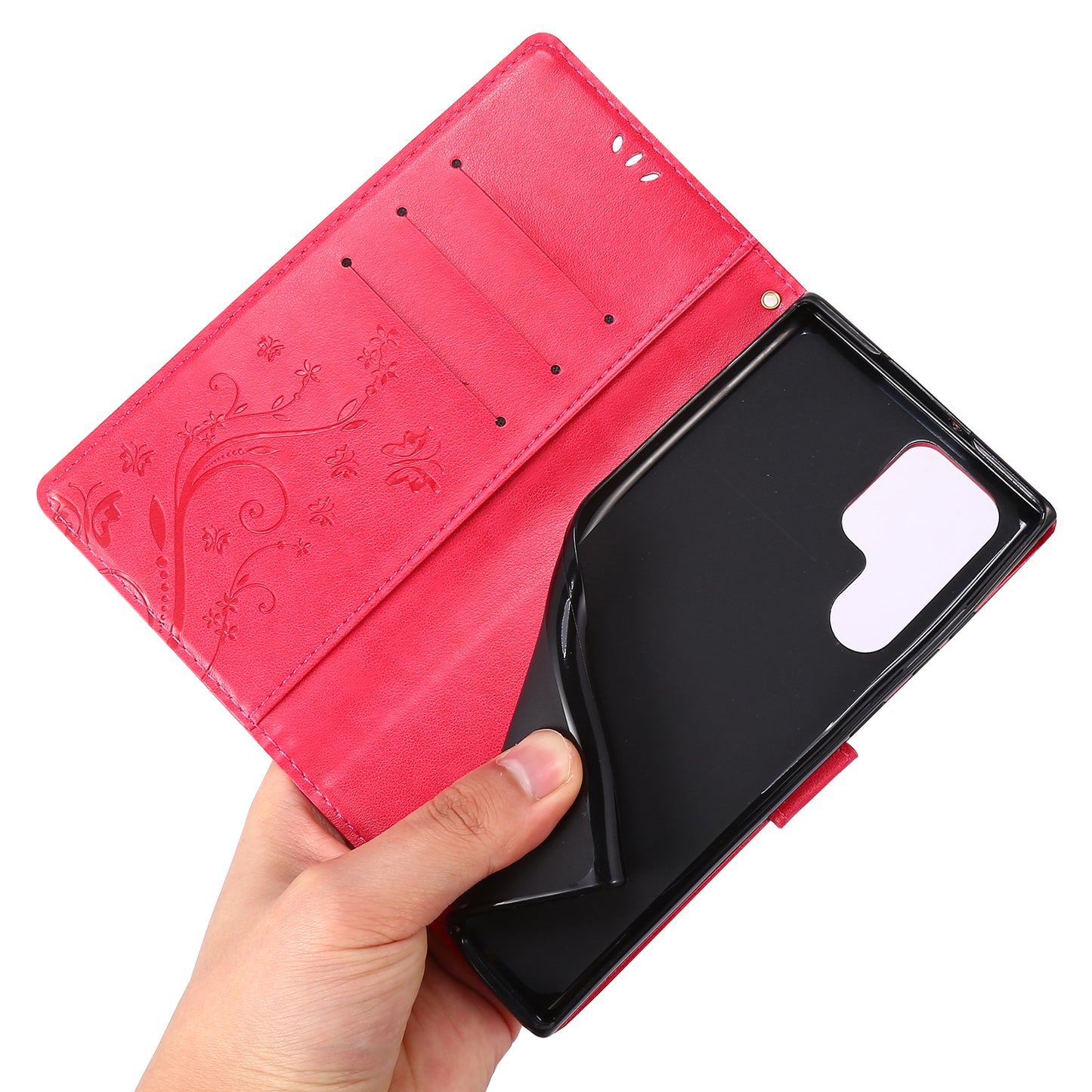 For Samsung Galaxy S24 Ultra Wallet Leather Cover Butterfly Imprinted Flip Stand Phone Case - Red