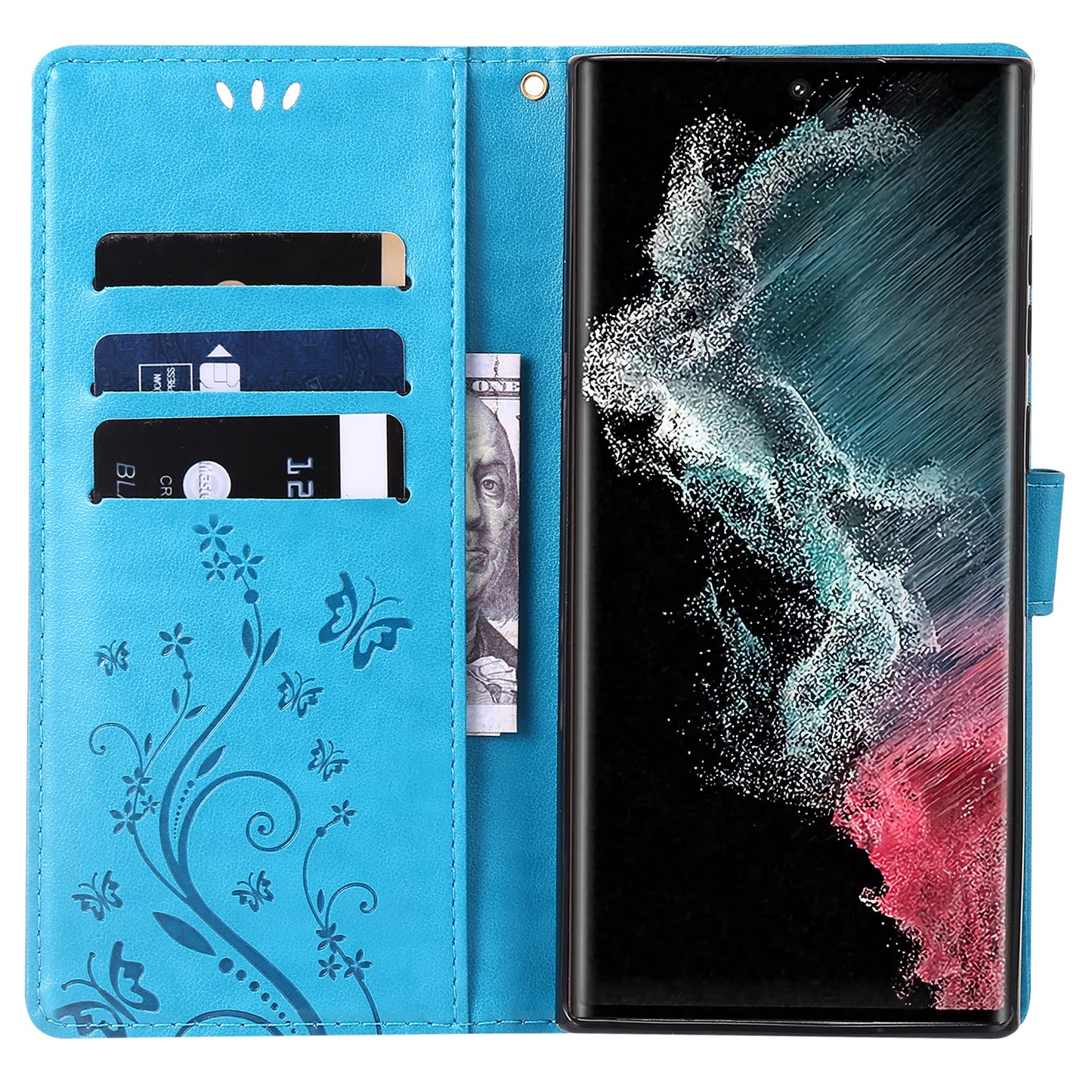For Samsung Galaxy S24 Ultra Wallet Leather Cover Butterfly Imprinted Flip Stand Phone Case - Blue