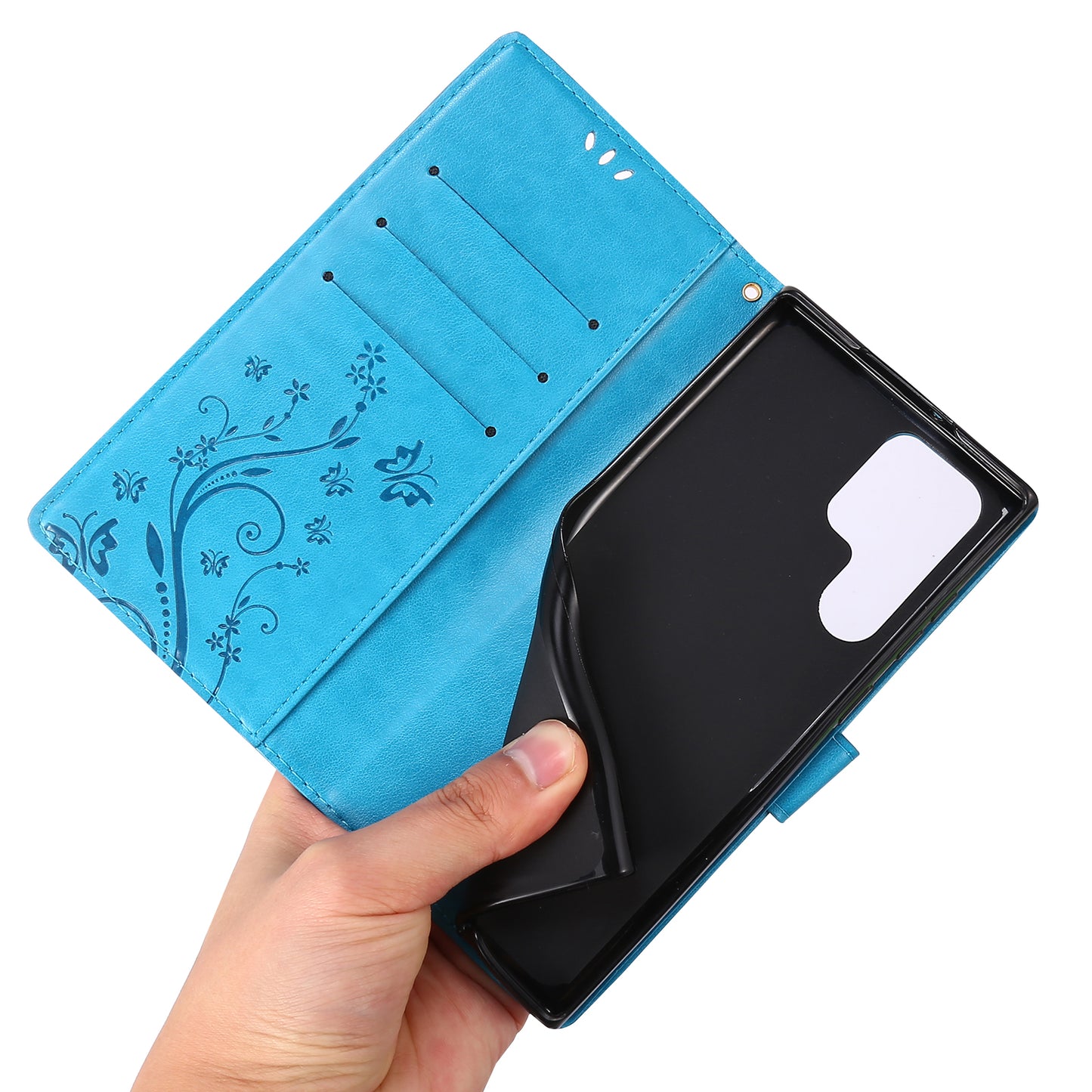 For Samsung Galaxy S24 Ultra Wallet Leather Cover Butterfly Imprinted Flip Stand Phone Case - Blue
