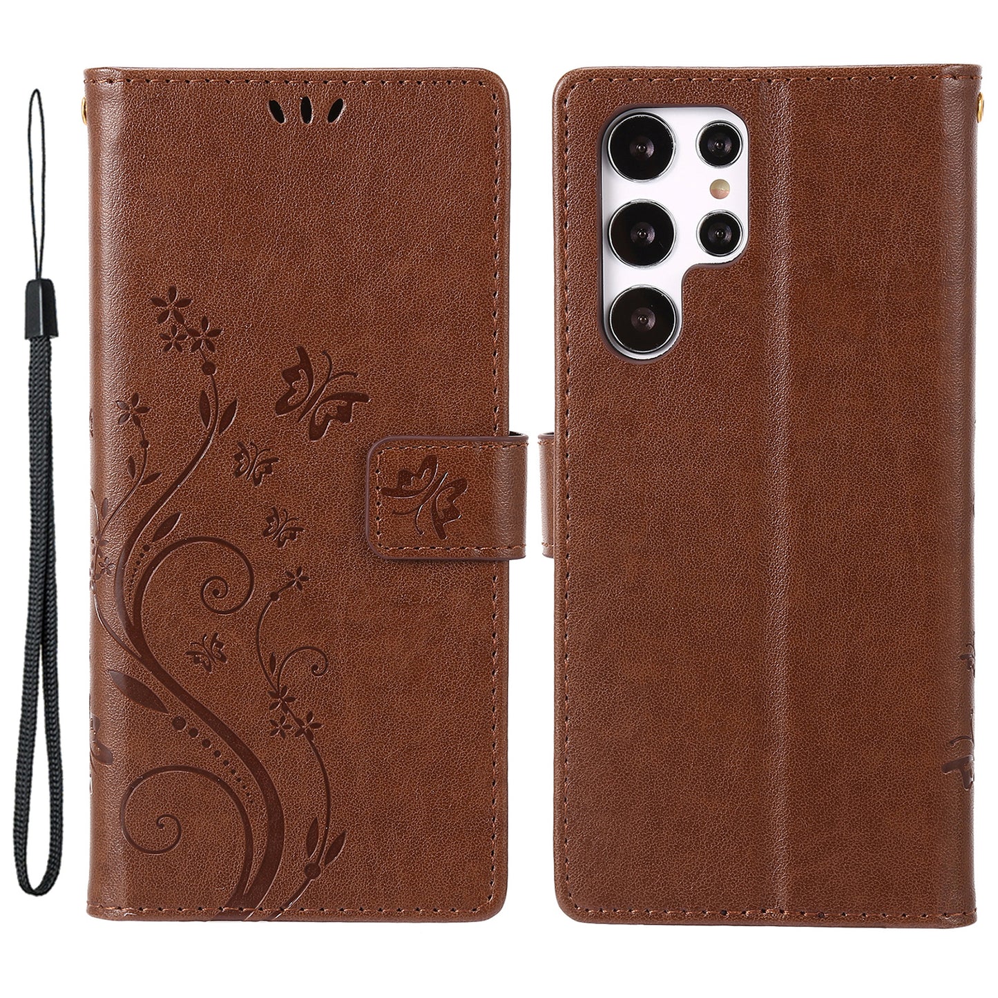 For Samsung Galaxy S24 Ultra Wallet Leather Cover Butterfly Imprinted Flip Stand Phone Case - Brown