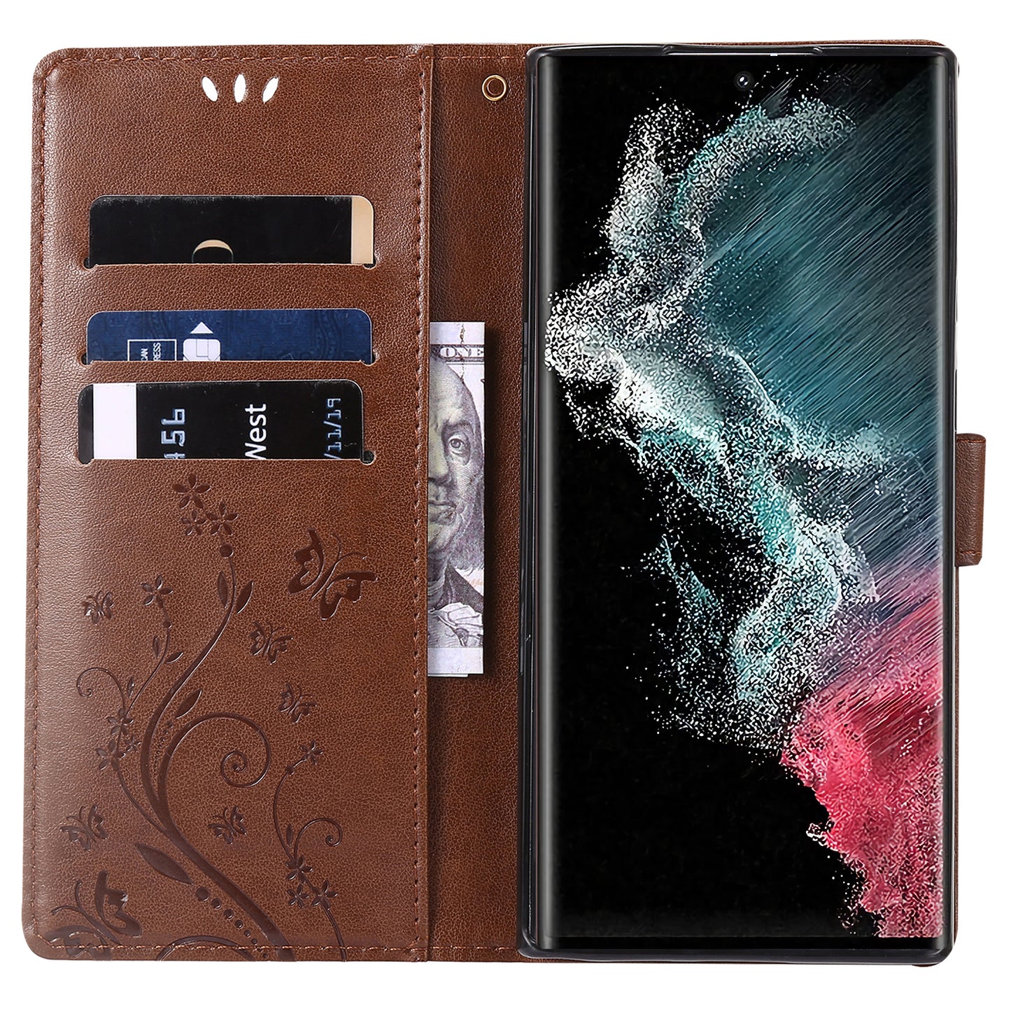 For Samsung Galaxy S24 Ultra Wallet Leather Cover Butterfly Imprinted Flip Stand Phone Case - Brown