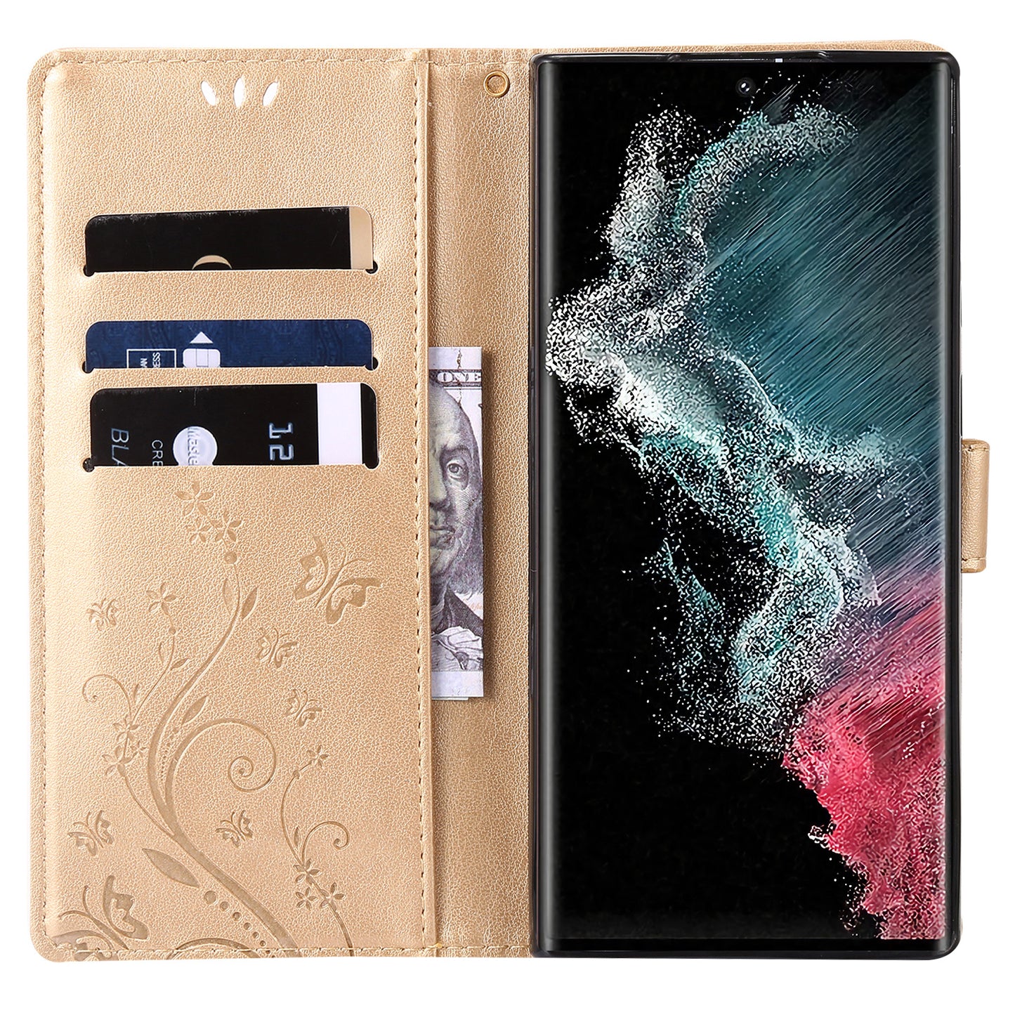 For Samsung Galaxy S24 Ultra Wallet Leather Cover Butterfly Imprinted Flip Stand Phone Case - Gold