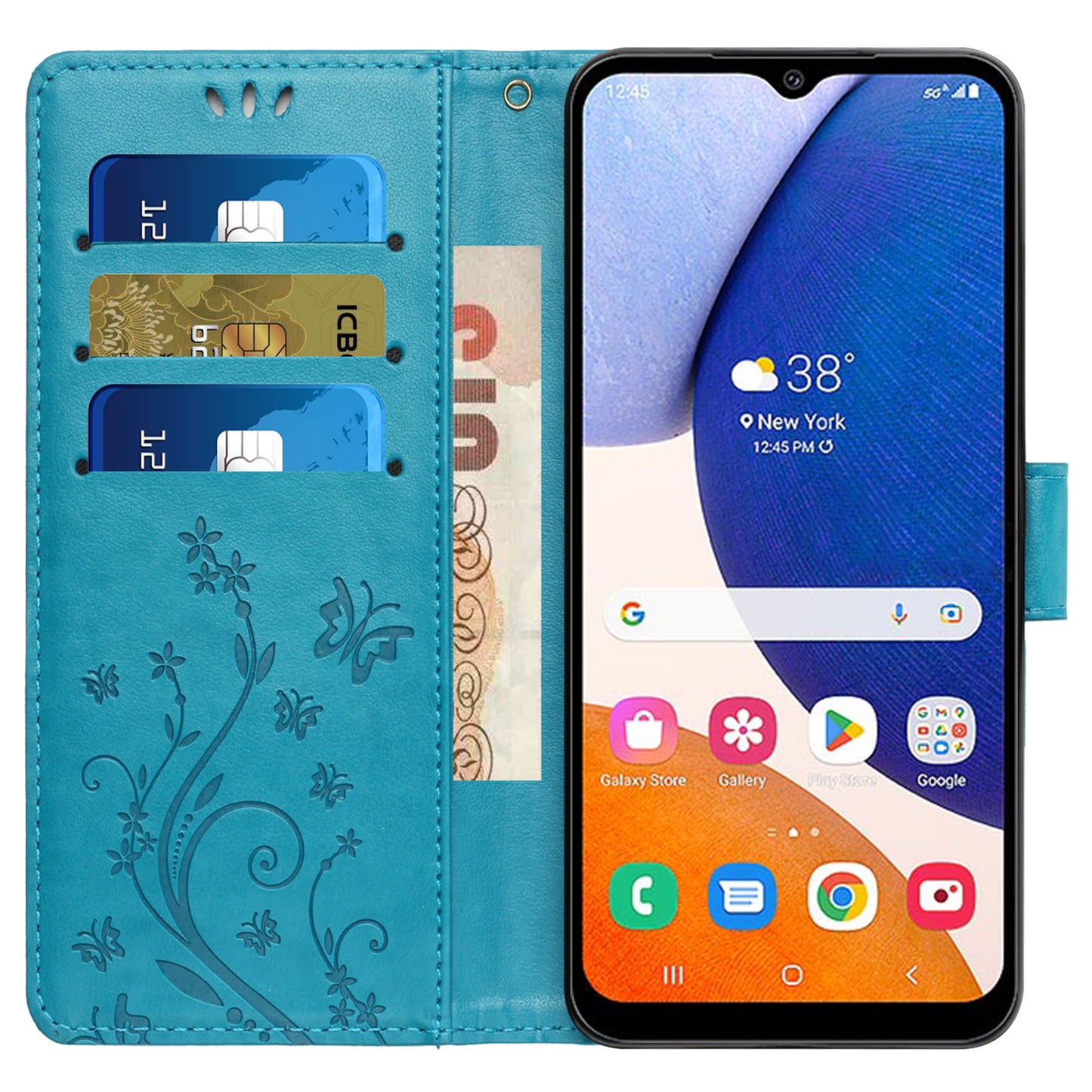 For Samsung Galaxy S24 Leather Case Butterfly Imprinted Phone Wallet Cover - Blue