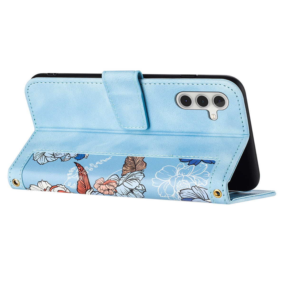 For Samsung Galaxy S24 Case PU Leather Flower Pattern Folio Phone Cover - Baby Blue