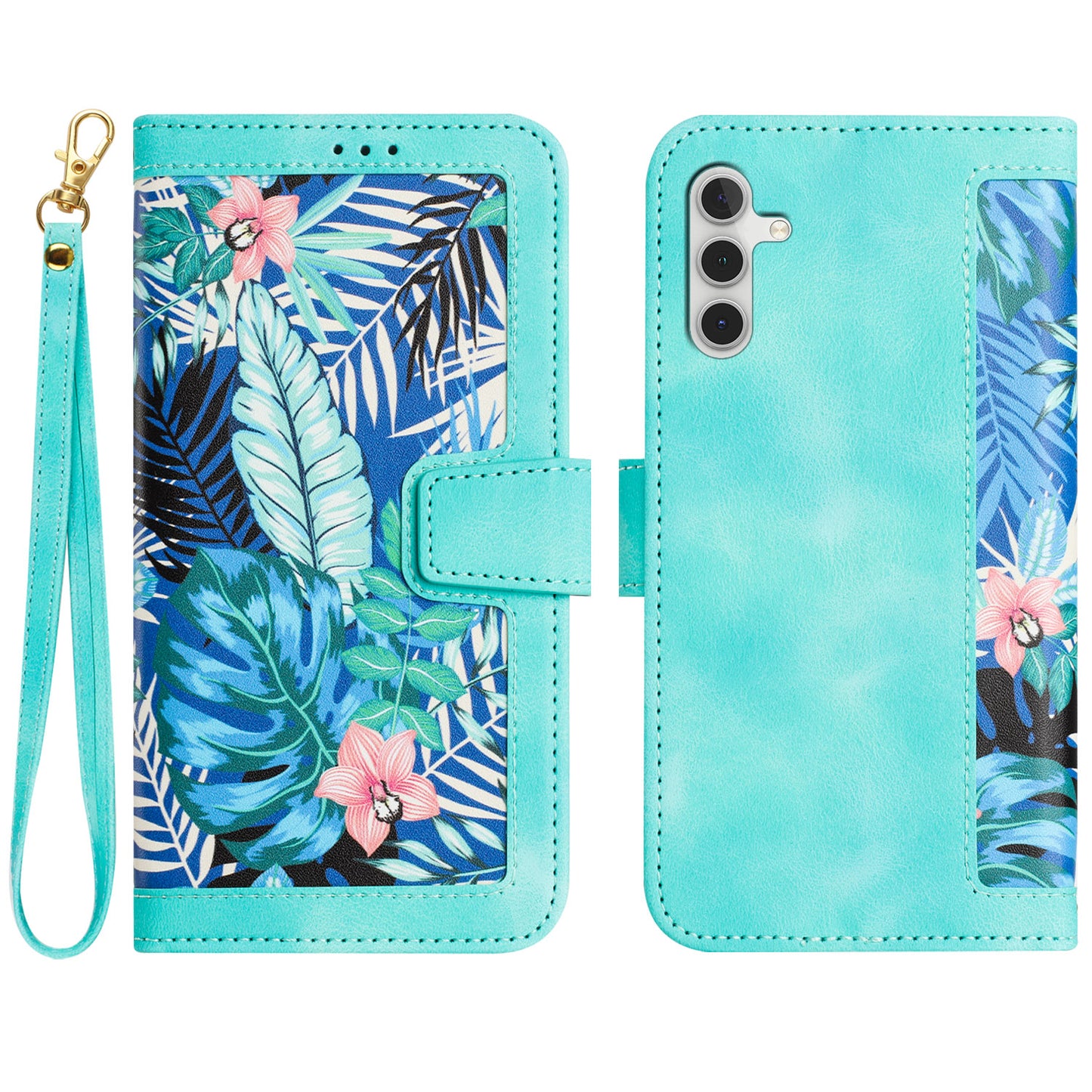 For Samsung Galaxy S24 Case PU Leather Flower Pattern Folio Phone Cover - Green