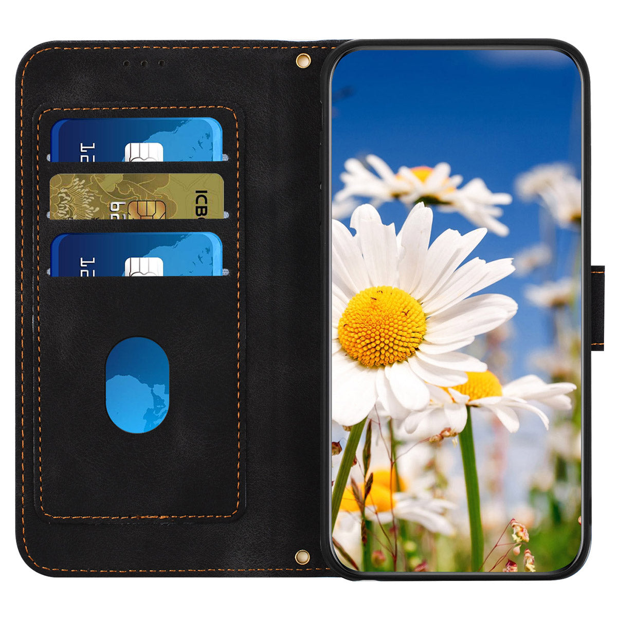 For Samsung Galaxy S24 Case PU Leather Flower Pattern Folio Phone Cover - Black