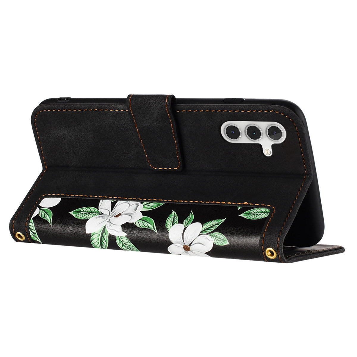 For Samsung Galaxy S24 Case PU Leather Flower Pattern Folio Phone Cover - Black