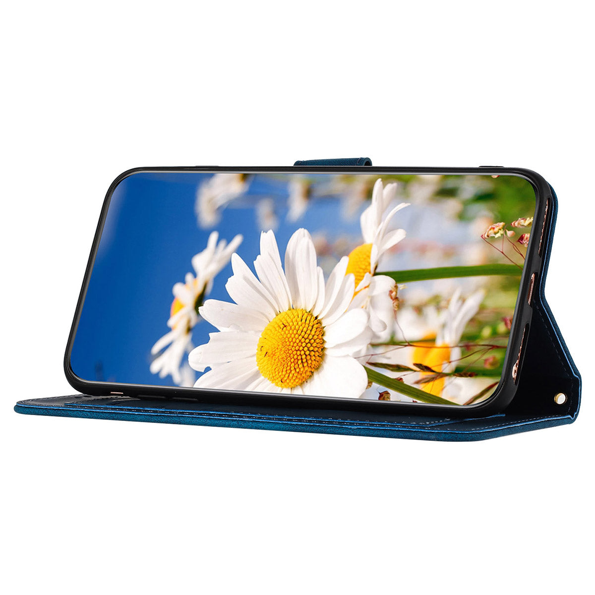 For Samsung Galaxy S24+ Case Flower Pattern Leather Cover with Card Holder - Dark Blue