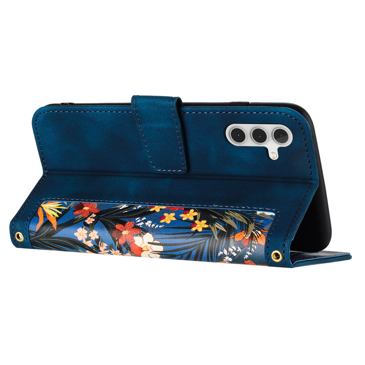 For Samsung Galaxy S24+ Case Flower Pattern Leather Cover with Card Holder - Dark Blue