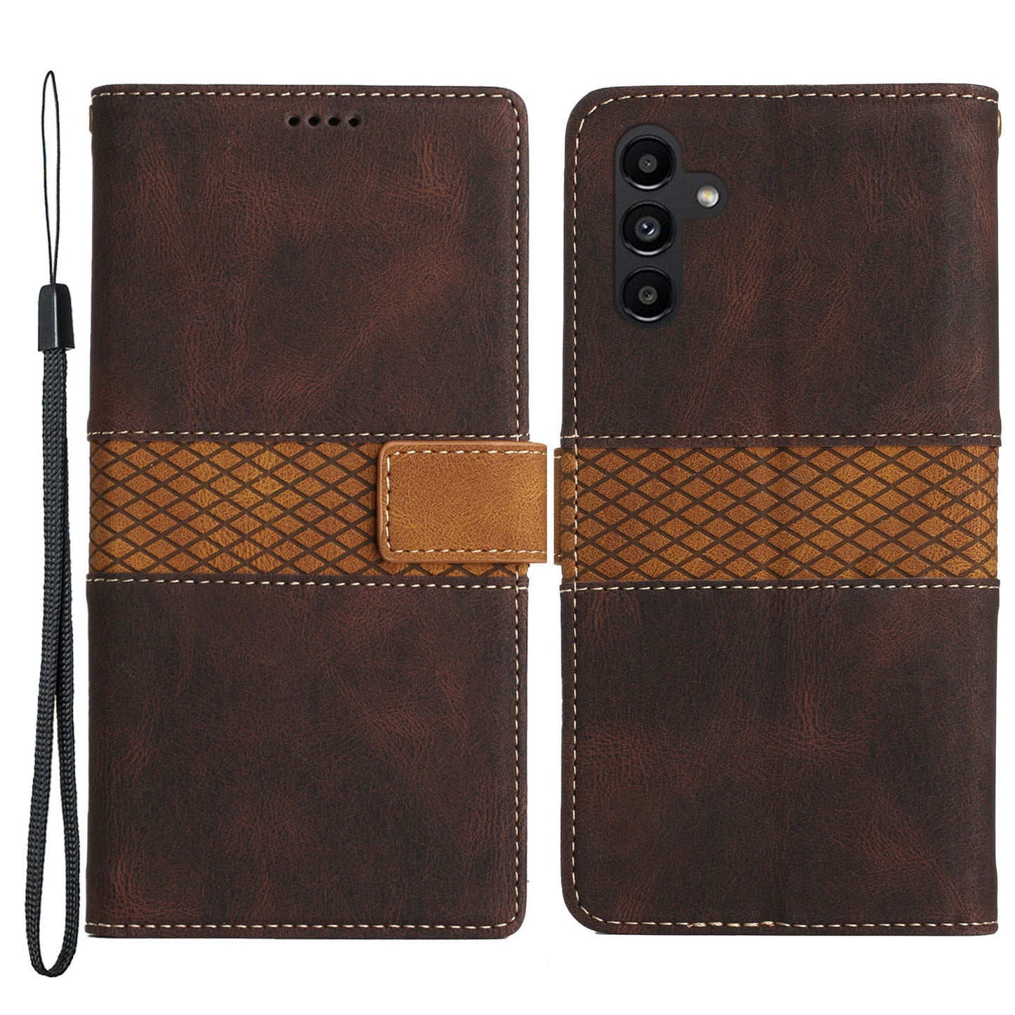 PU Leather Phone Shell for Samsung Galaxy S24+ Case Stand Grid Splicing Phone Cover with Strap - Brown