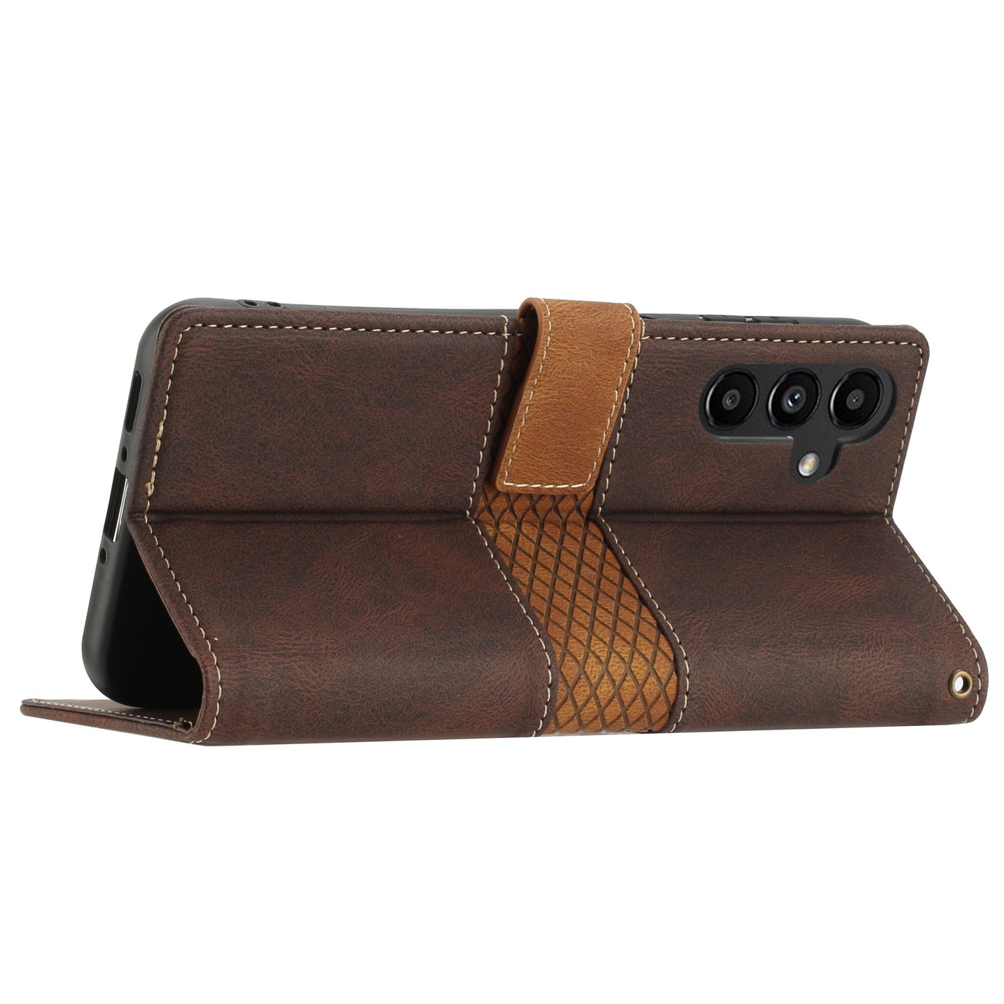 PU Leather Phone Shell for Samsung Galaxy S24+ Case Stand Grid Splicing Phone Cover with Strap - Brown
